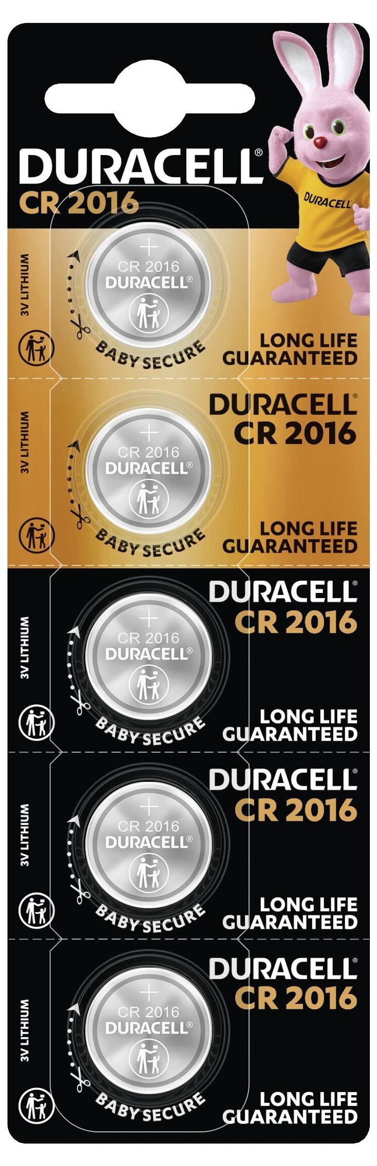 'Duracell CR2016 button batteries package with four batteries labeled 'Baby Secure'. Duracell Bunny mascot shown on top right.'