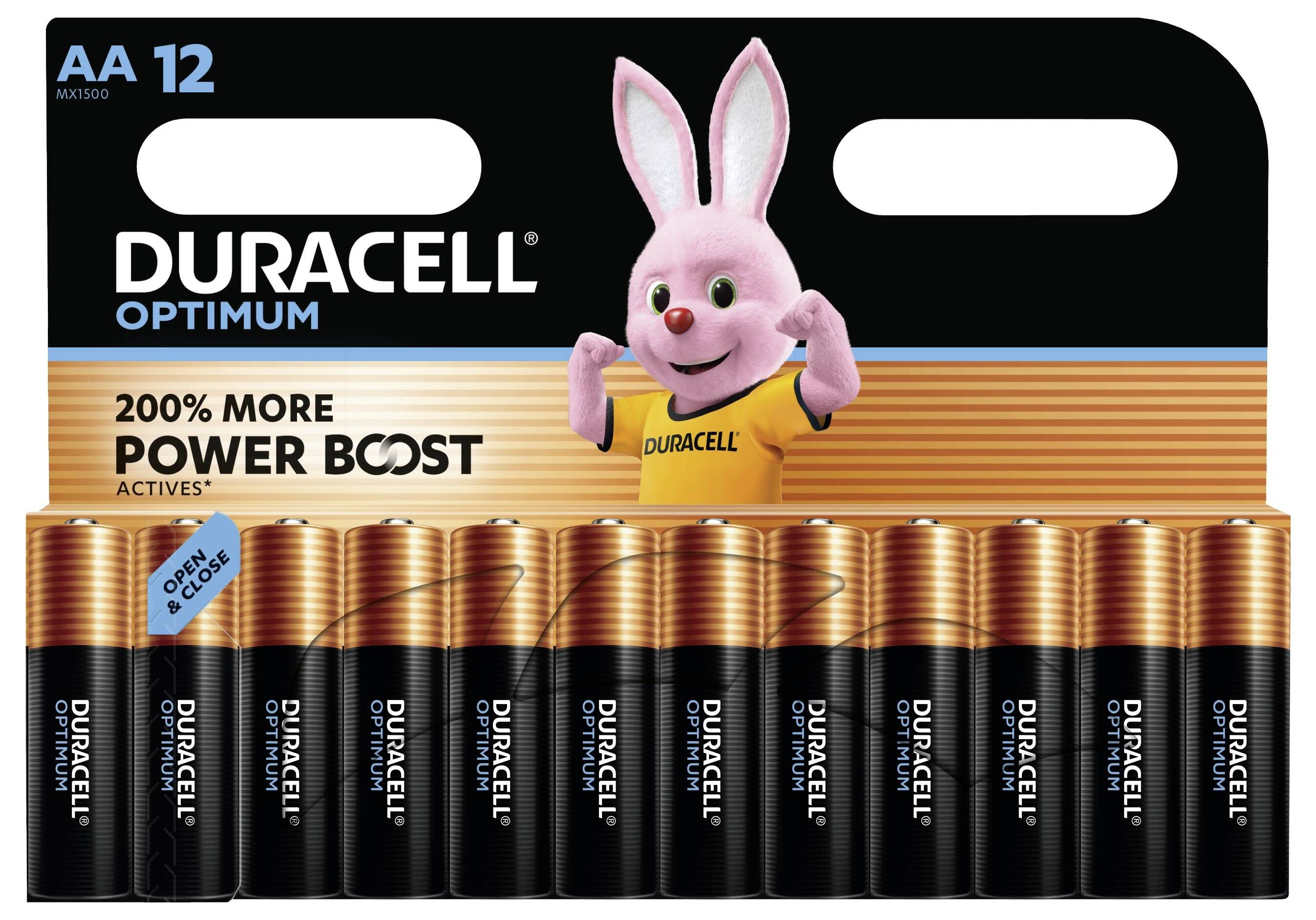 Package of 12 AA Duracell Optimum batteries with a pink rabbit mascot and text '200% More Power Boost Actives'.