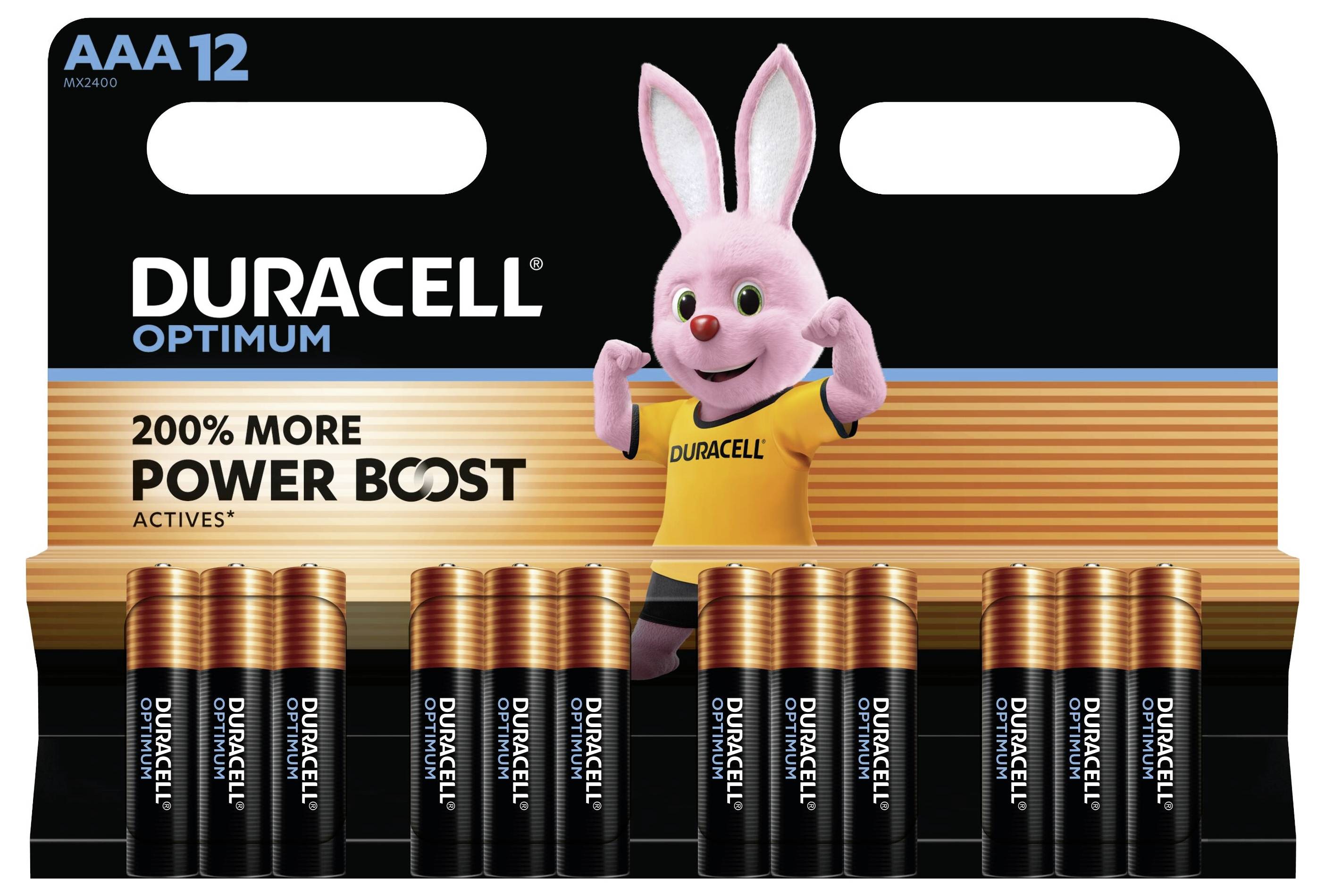 'Duracell Optimum AAA 12-pack with mascot. Packaging claims '200% More Power Boost'.'