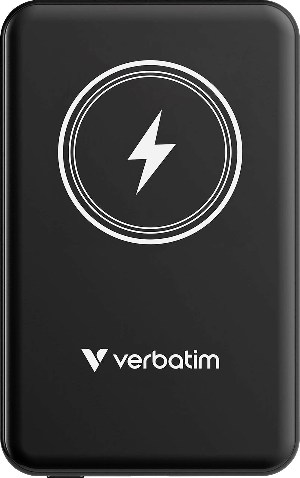 A black power bank with a white lightning symbol and the 'Verbatim' logo underneath.