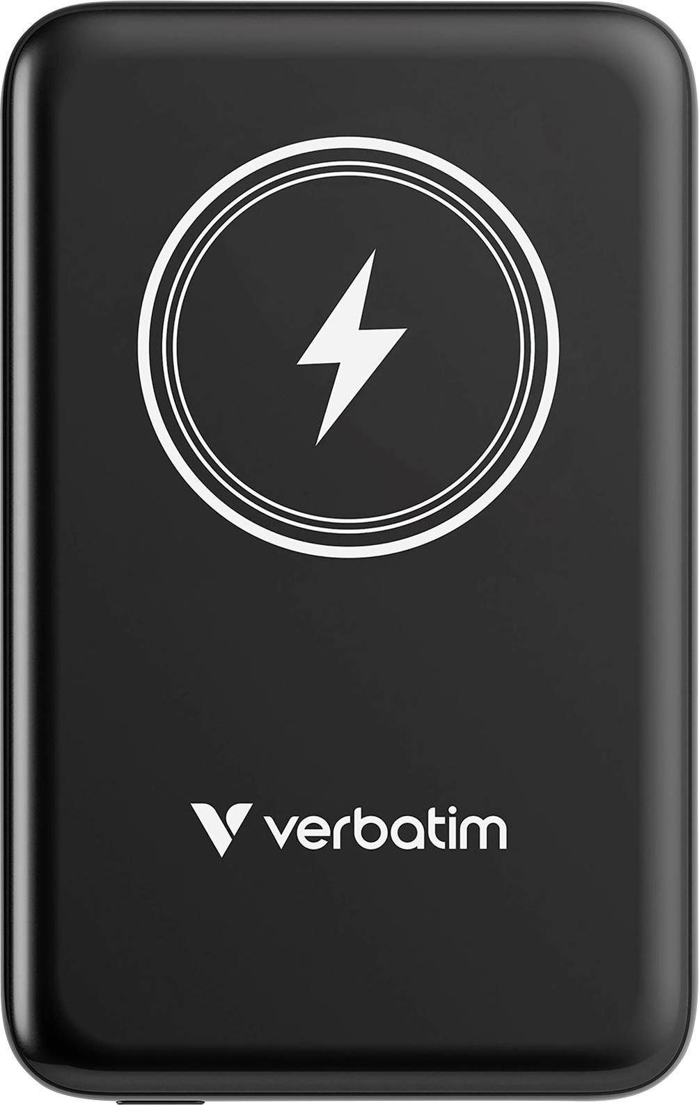 External hard drive with cable symbol on black casing and the brand name 'Verbatim' underneath.
