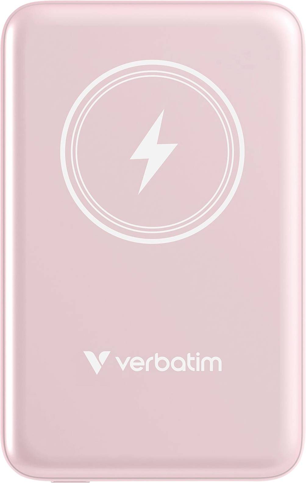 A pink power bank with a lightning symbol and the brand name 'Verbatim' on the front. Perfect for charging on the go.