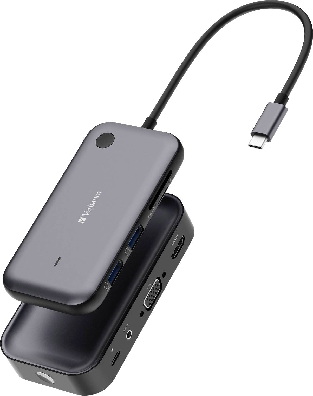 Multi-port USB-C Hub: HDMI, VGA, USB, SD Card Reader. Compact design, portable, versatile for computer connections.