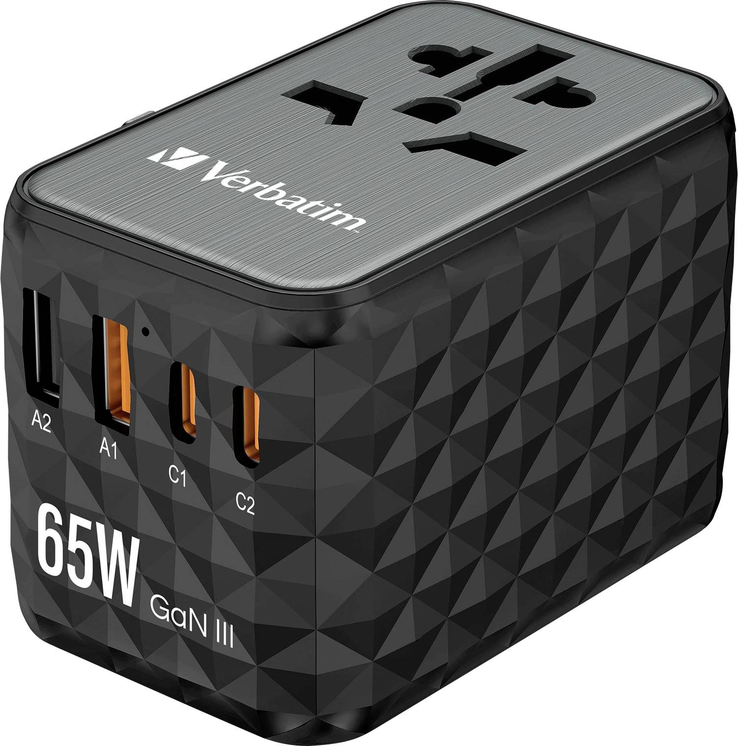 A black charger with multiple USB ports. Side inscription reads: '65W GaN III'. Top surface displays brand logo.