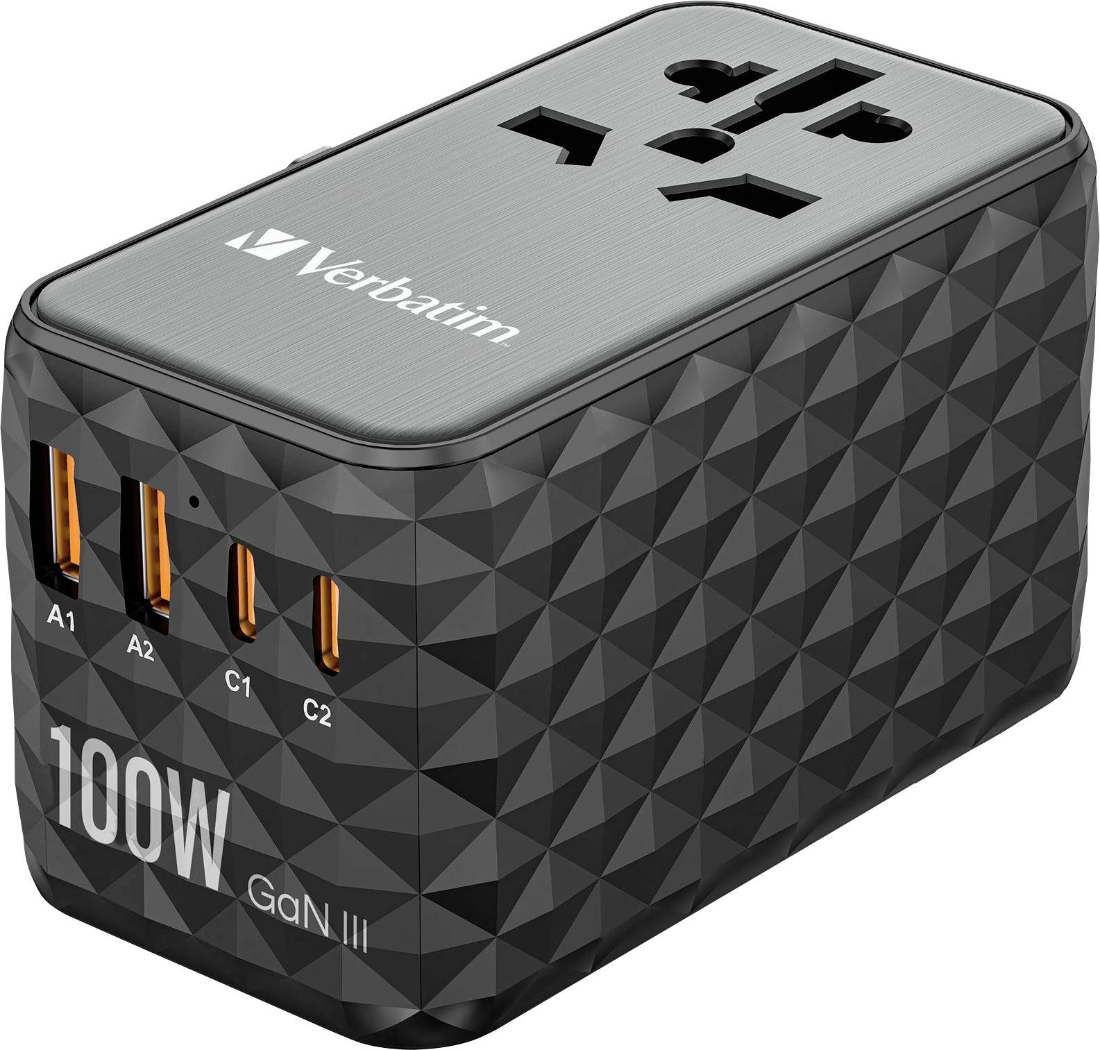 A black, rectangular USB charger with three USB ports, various plug types, and the inscription '100W GaN III'.