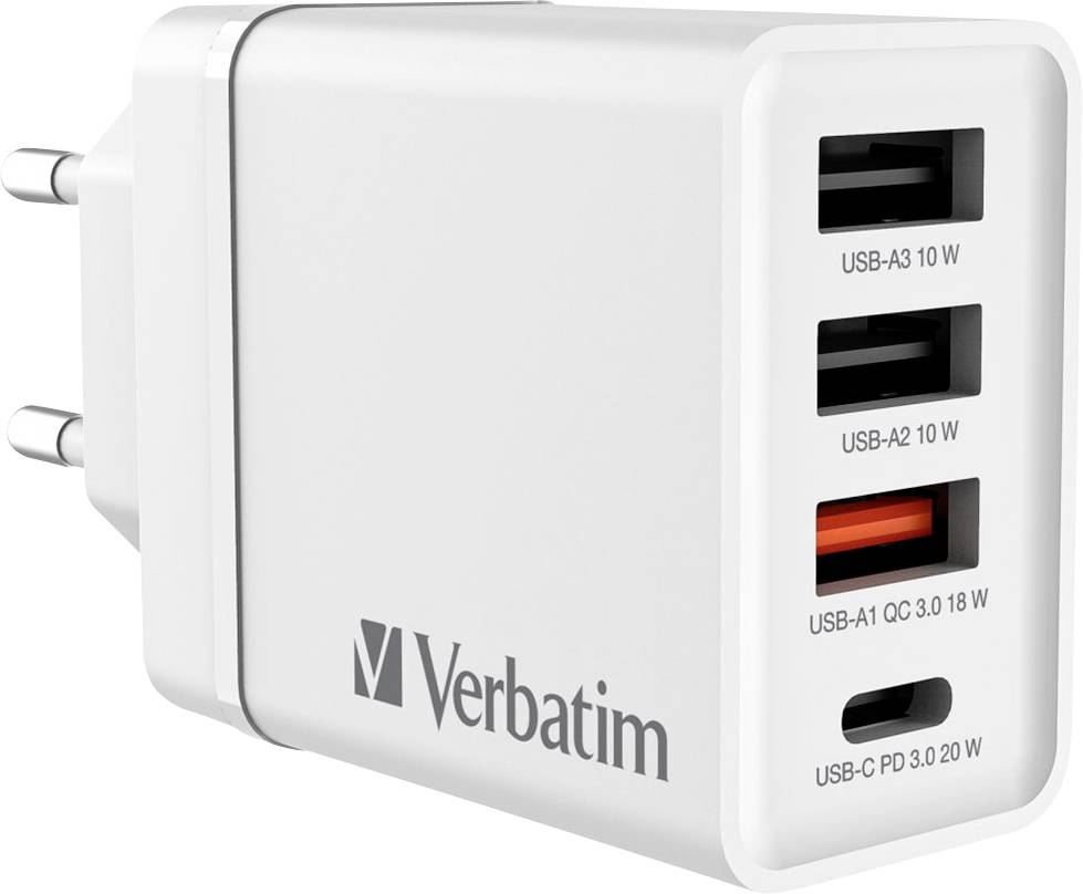 A white charger with three USB-A ports and one USB-C port. Each port is labelled with its power output.