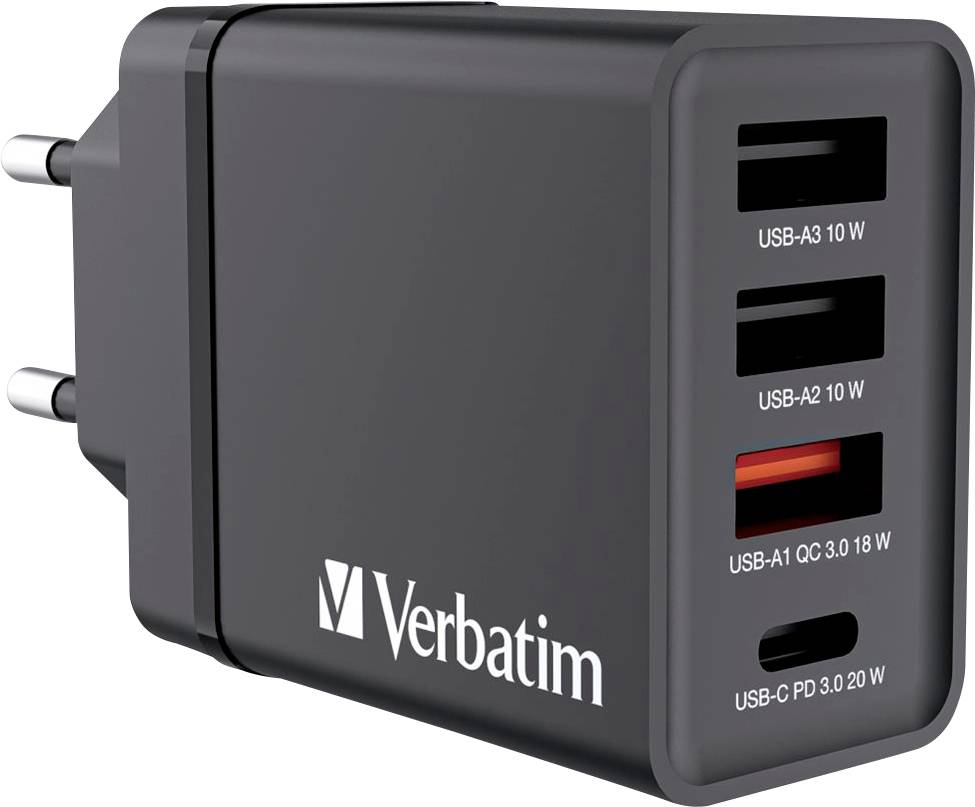 Black USB charger with four ports: three USB-A and one USB-C. Brand name on the left, power rating specified for each.