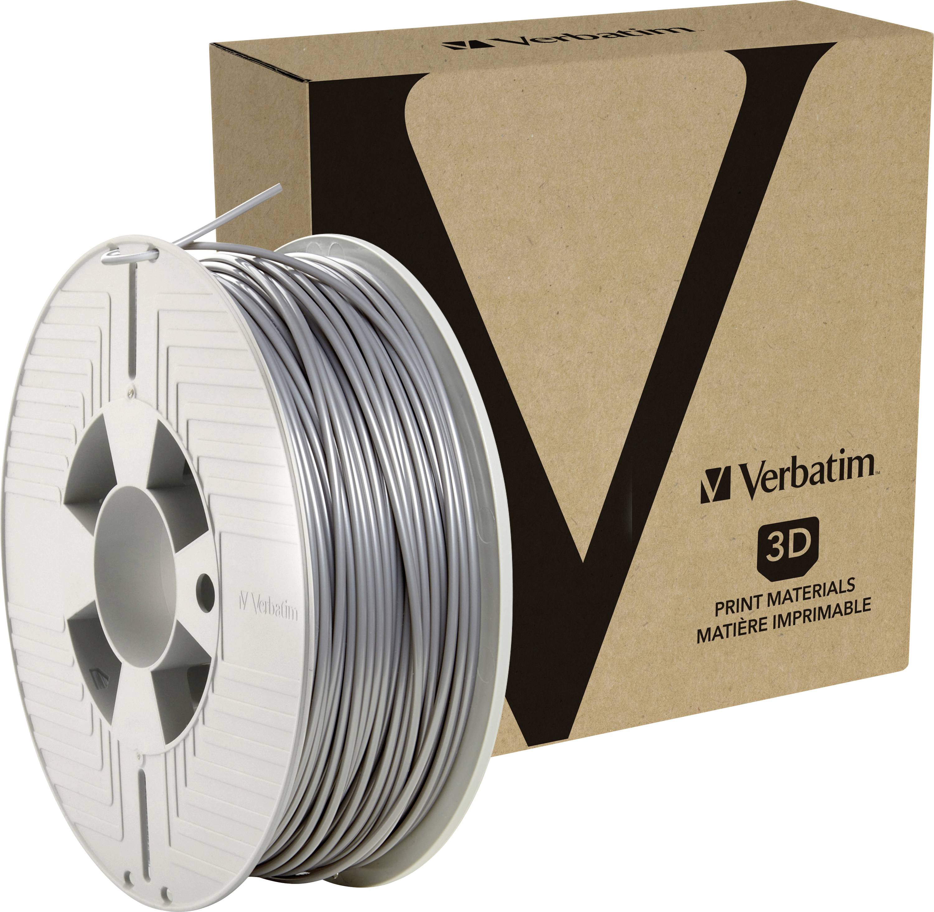 A roll of silver-coloured 3D printer filament beside a package printed with 'Verbatim 3D Print Materials'.