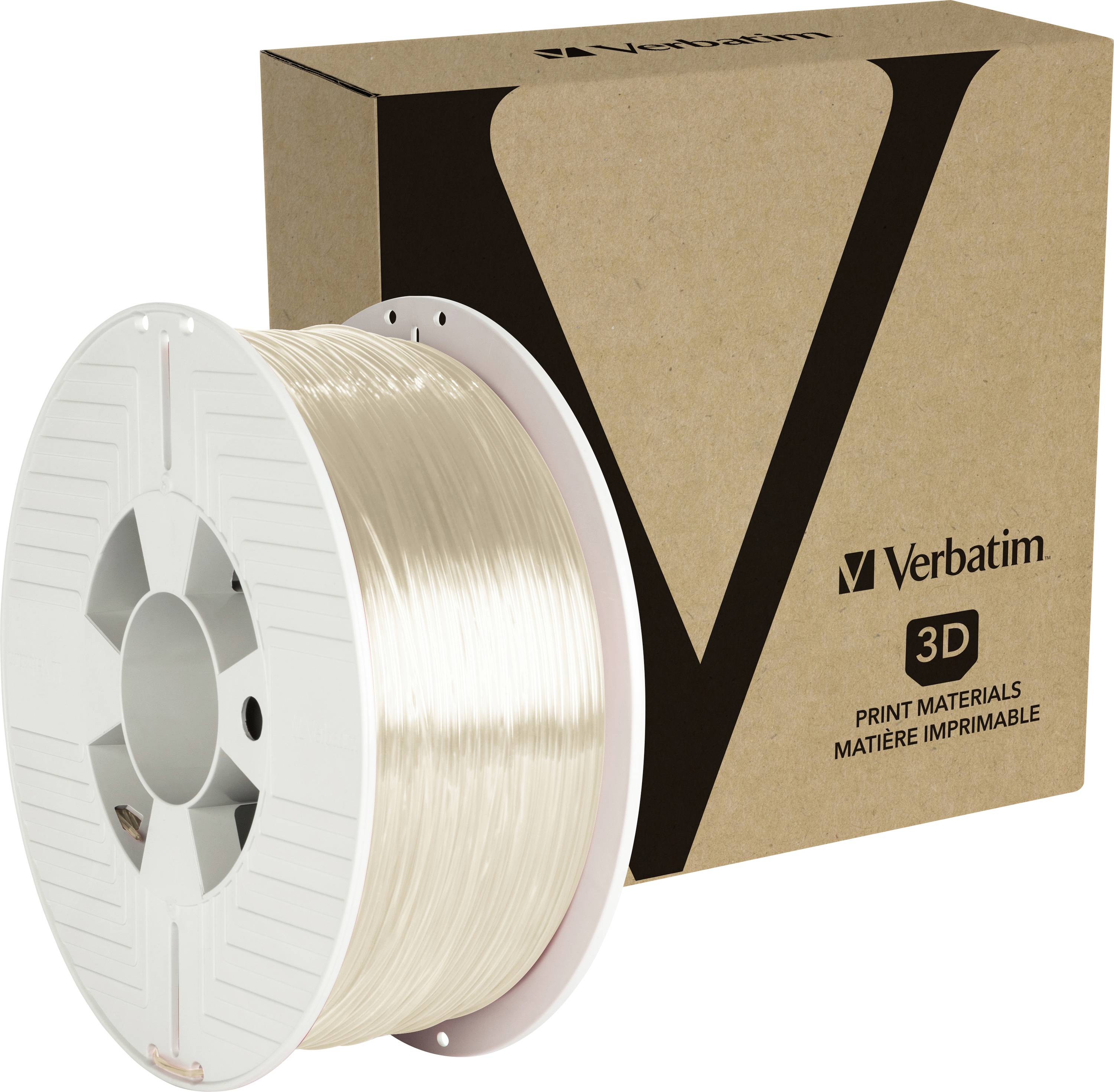3D printing material on a spool in front of packaging featuring the Verbatim logo, showcasing a product for 3D printing applications.