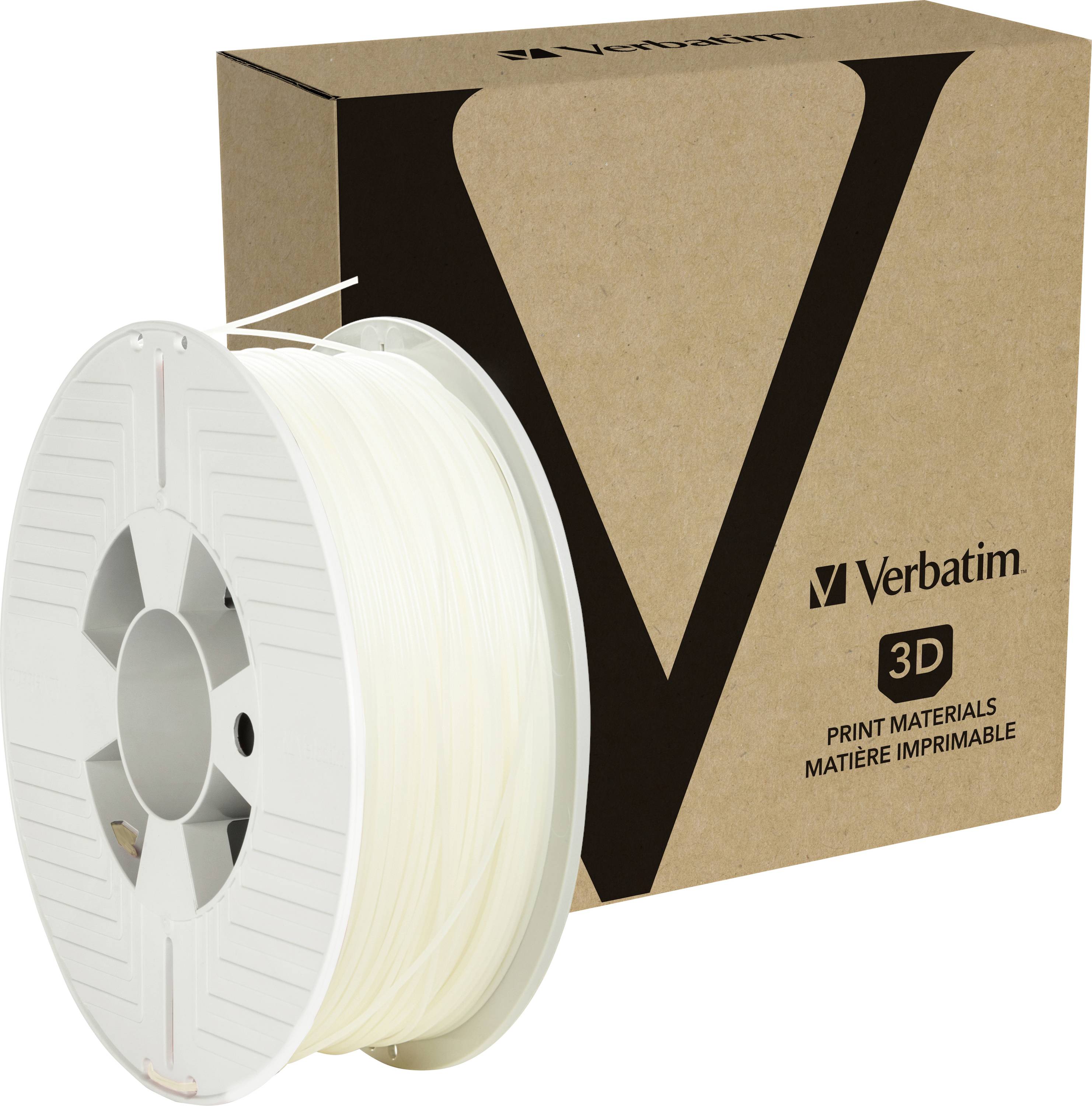 Box of 'Verbatim 3D Print Materials' with a white 3D printer filament reel, supplying consumables for 3D printing.