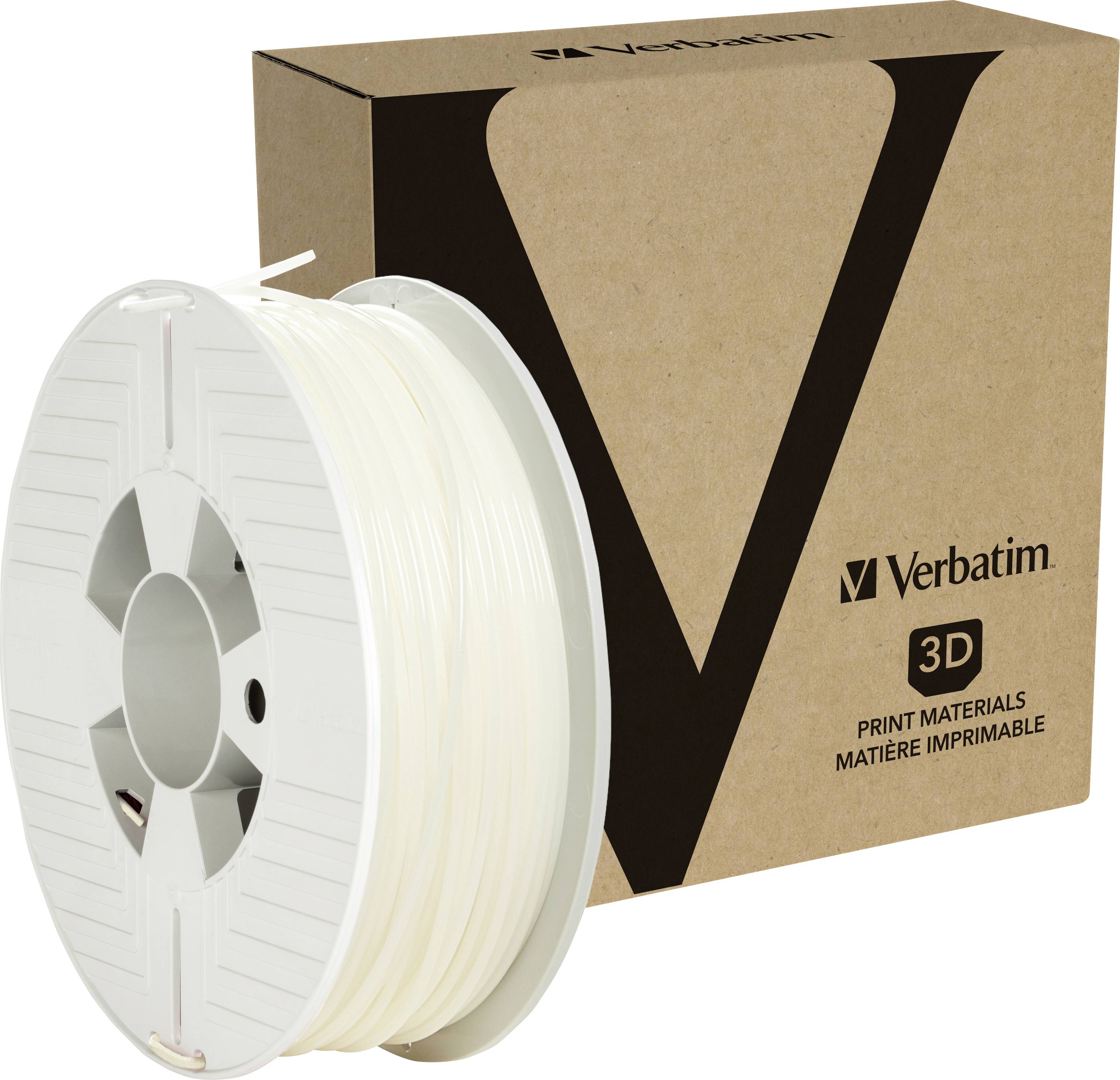 White 3D printer filament reel in front of brown packaging with 'Verbatim' logo.