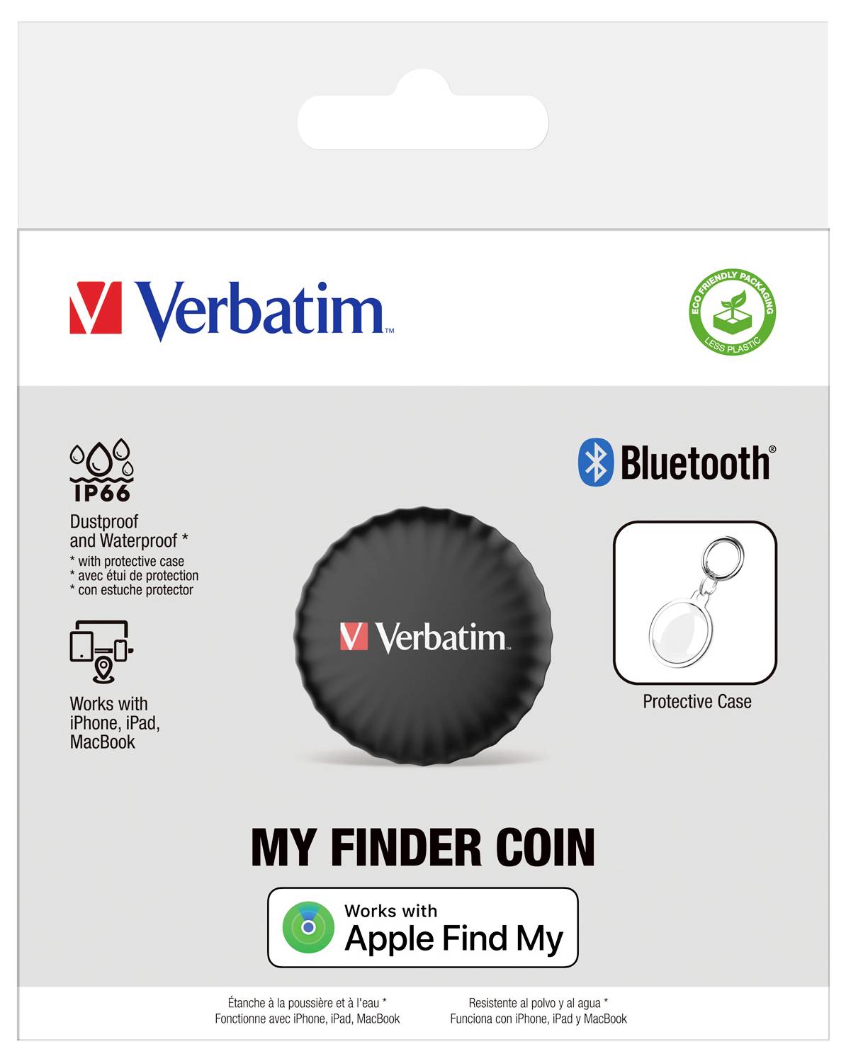 Packaging for Verbatim My Finder Coin, waterproof Bluetooth tracker, compatible with Apple Find My, IP66 protection rating.