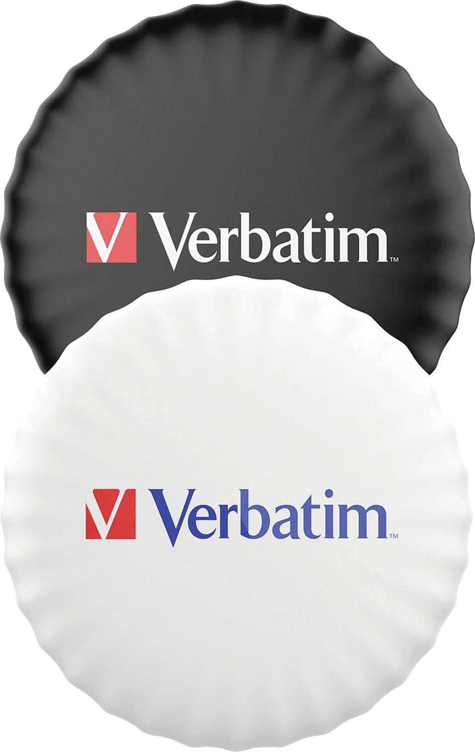 Two round objects with a wavy edge, one black with a white 'Verbatim' logo, the other white with a blue and red 'Verbatim' logo.