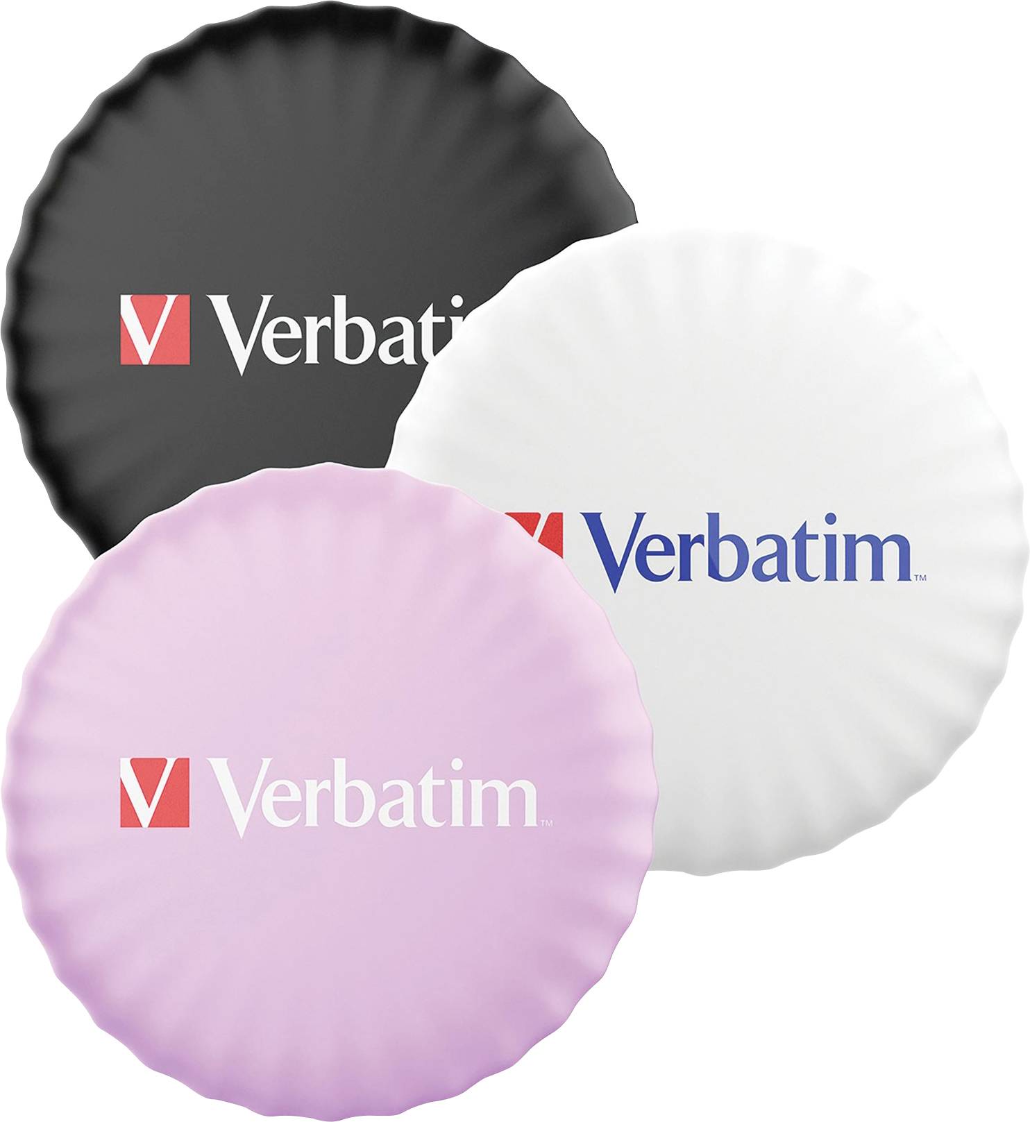 Three Verbatim branded discs in Black, White and Pink, each with the Verbatim logo in the centre.