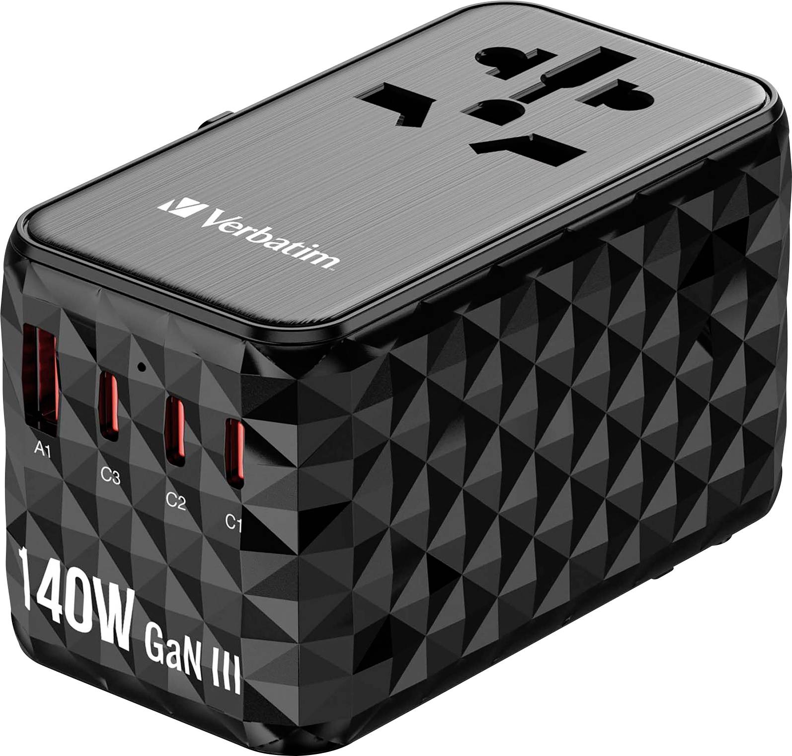 Black Verbatim charger with a triangular pattern, 140W power output, three USB ports and a universal socket.