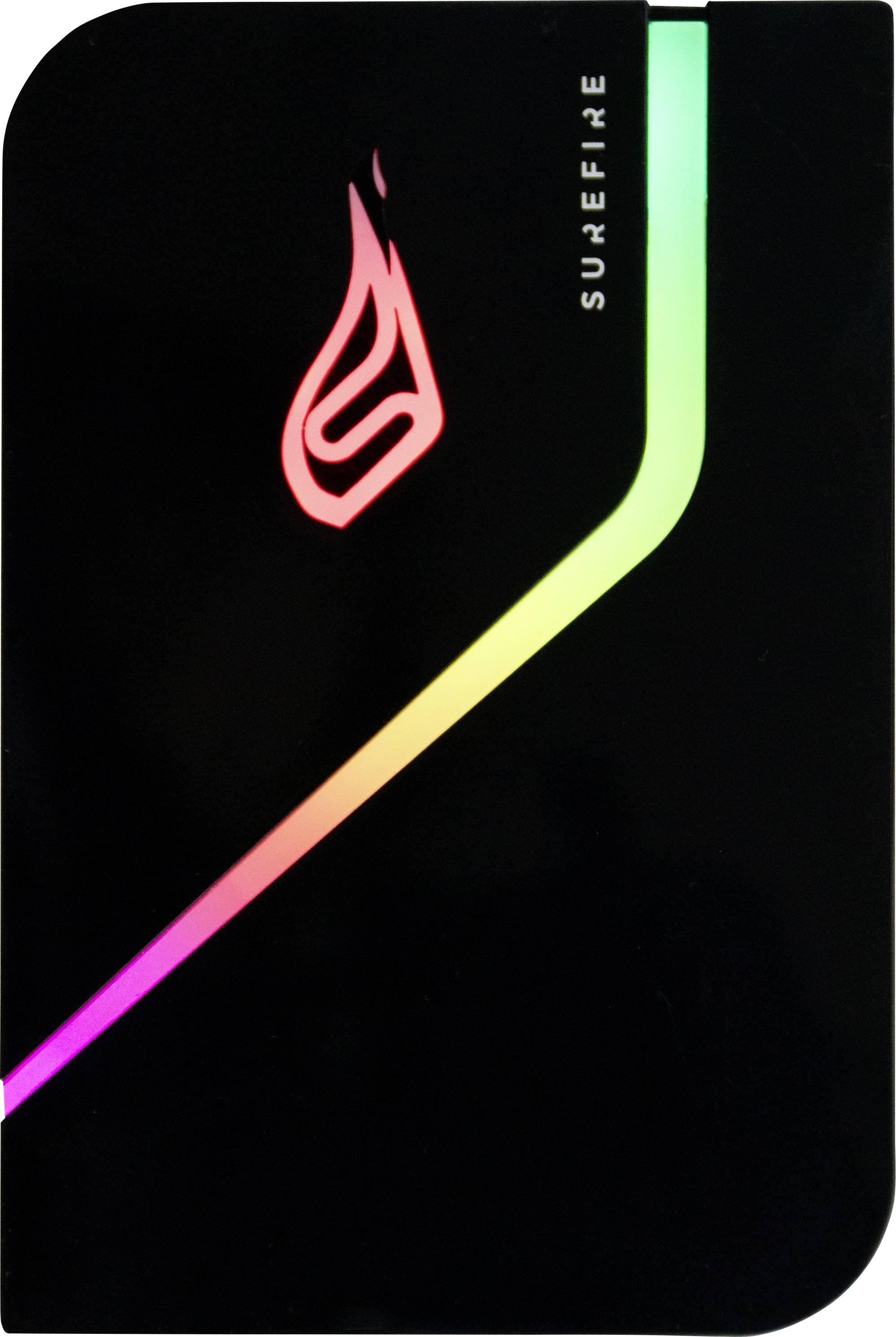 External hard drive with a glowing, multi-coloured logo and diagonal light strip on a black enclosure. Brand 'Surefire'.