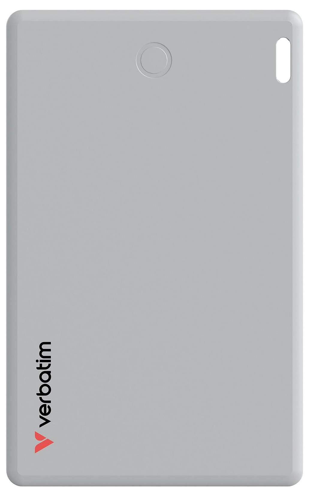 Grey, rectangular device with 'Verbatim' written in black and red on the side, likely a portable hard drive.