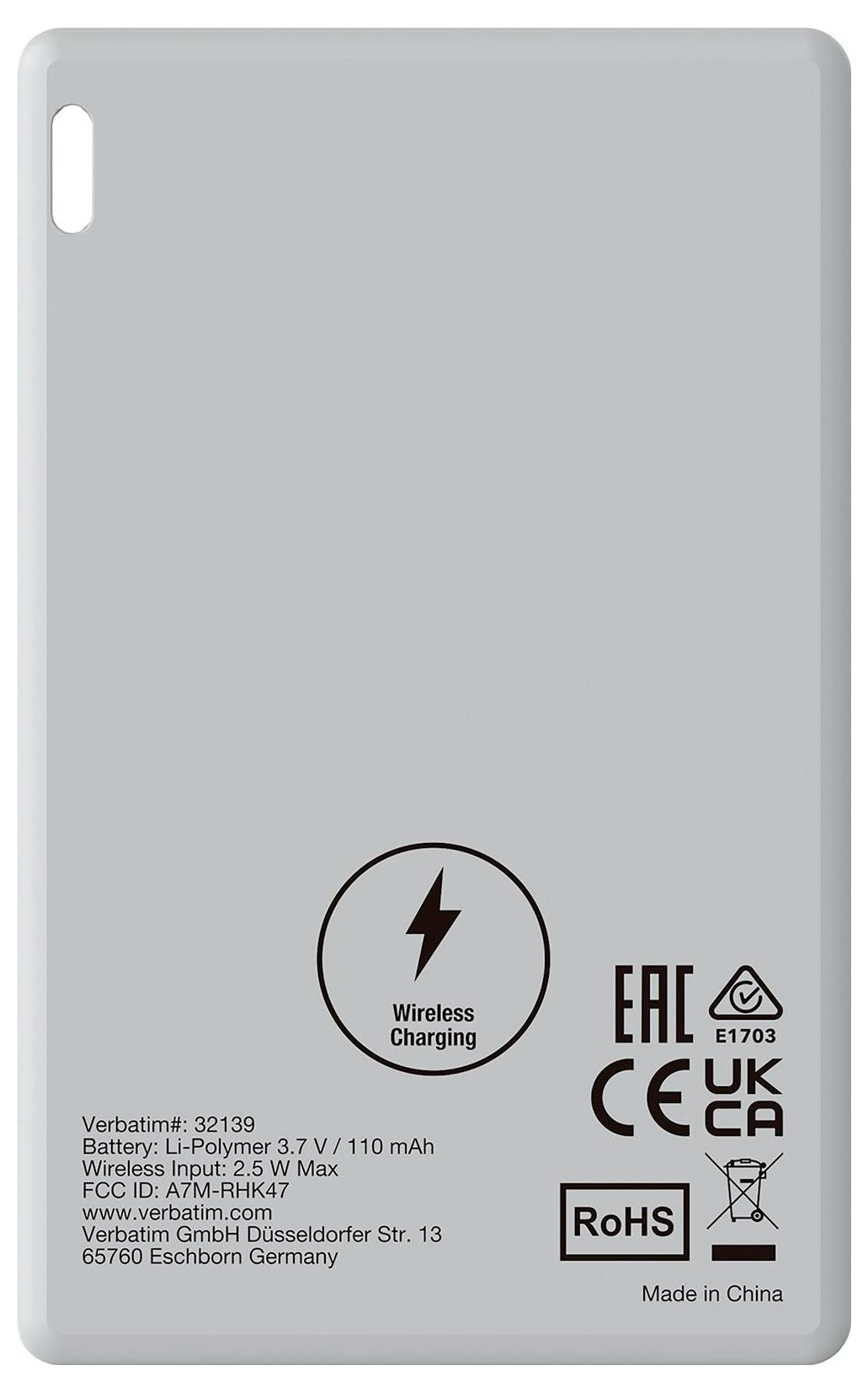 Back of a wireless charger with a symbol and inscriptions relating to technical specifications and certifications.