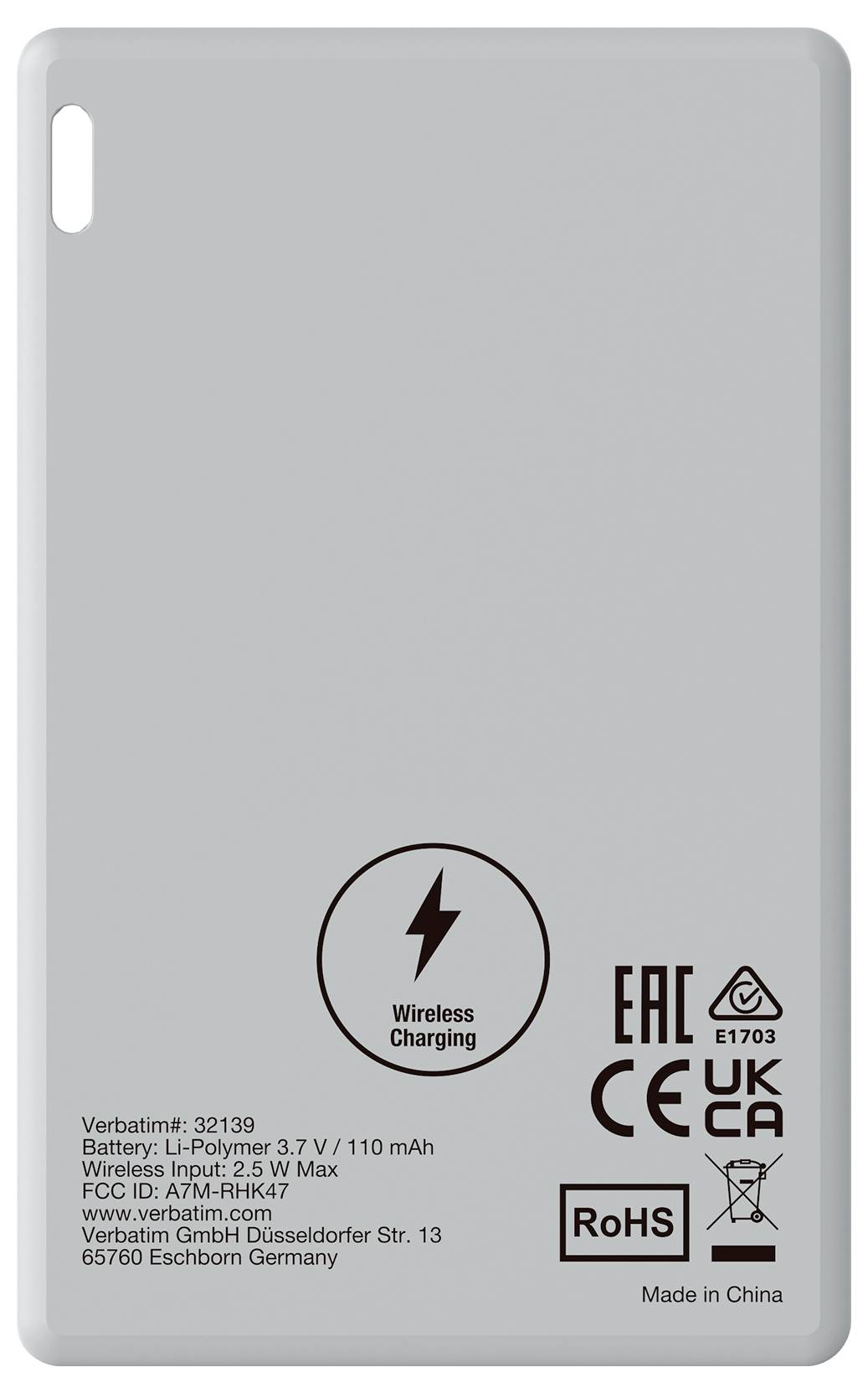 Silver power bank with wireless charging function, CE and RoHS certificates. Capacity: 110 mAh, manufactured by Verbatim in Germany.