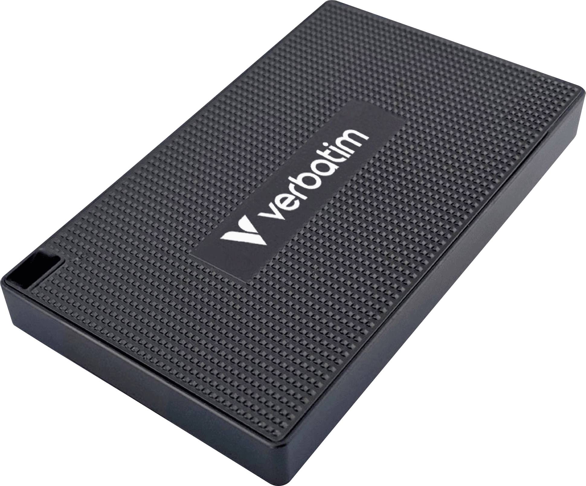 An external hard drive with 'Verbatim' printed on the top surface. The casing is black and textured.