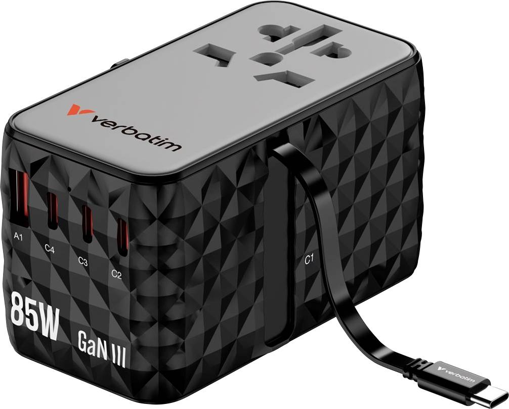 Compact 85W GaN-III charging adapter by Verbatim with multiple USB ports and integrated cable.