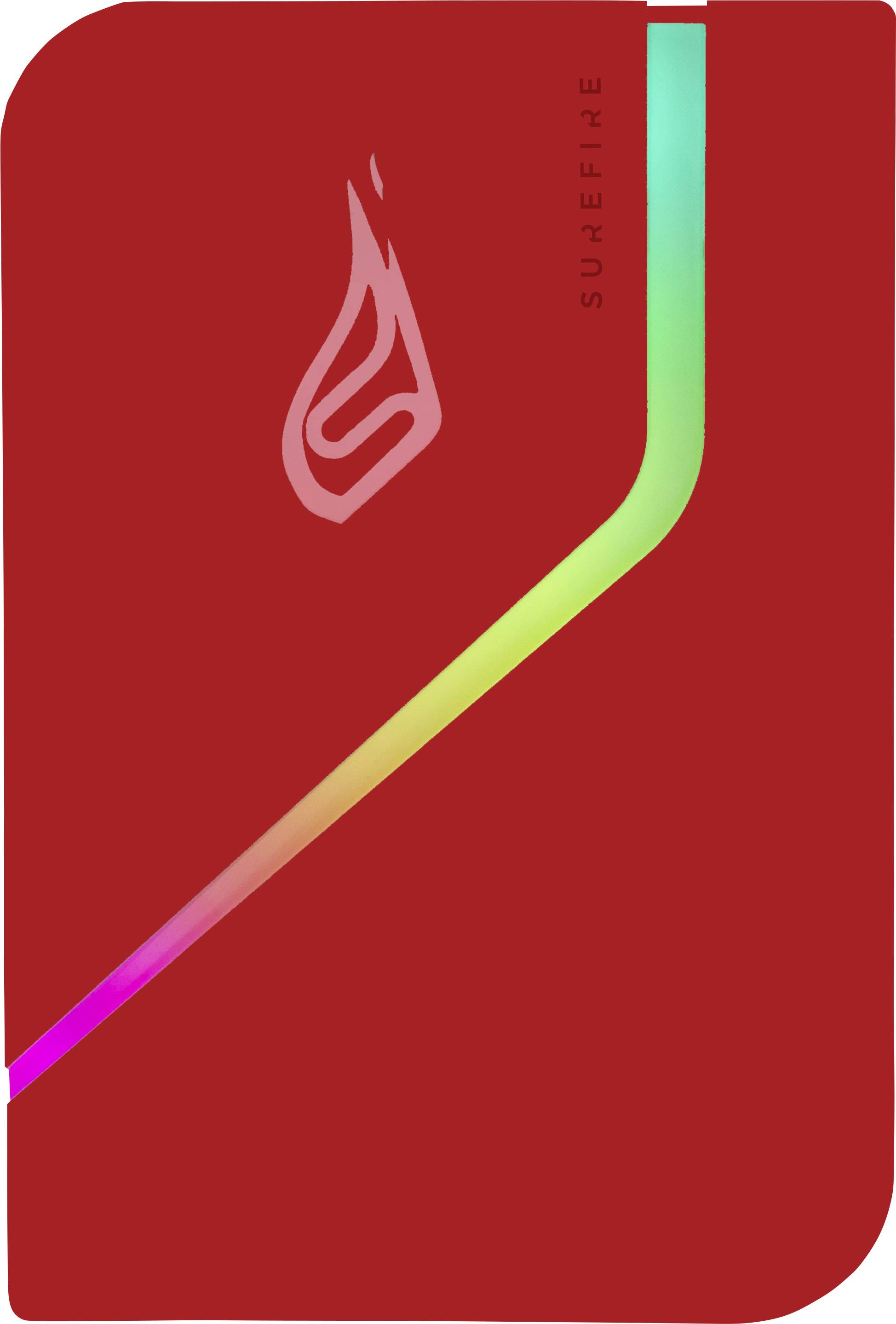 Red case with a stylised flame symbol and rainbow shadow stretching across the surface.