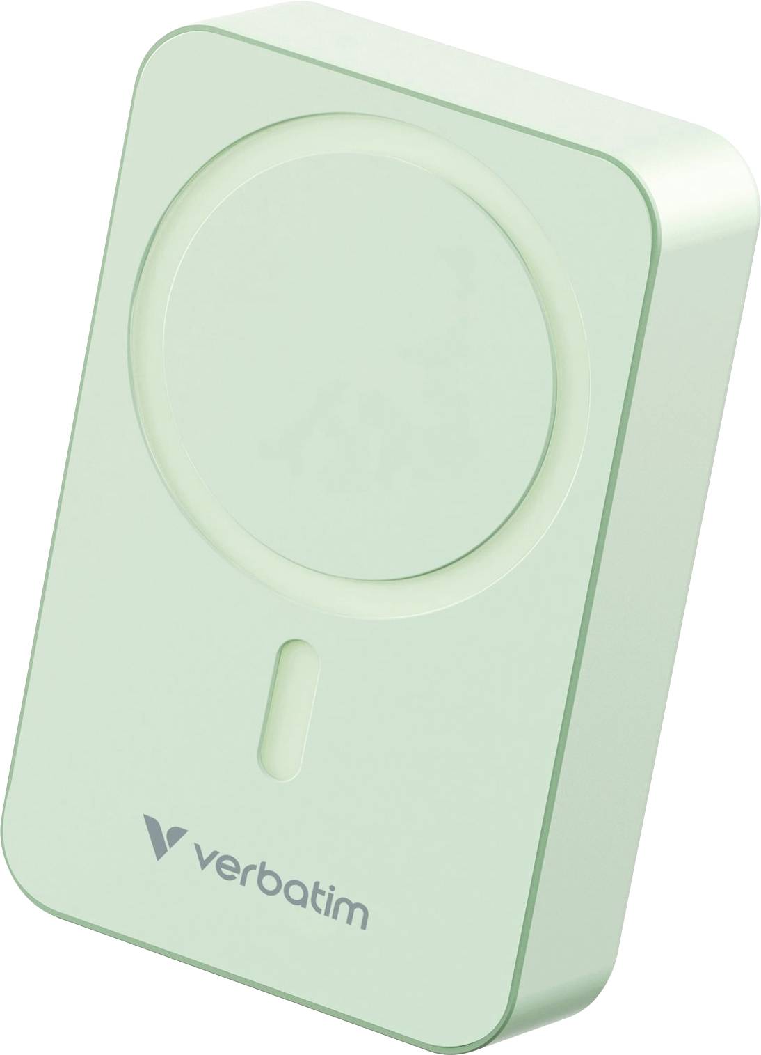 A wireless charger from Verbatim in mint green, rectangular with rounded corners, suitable for fast device charging.