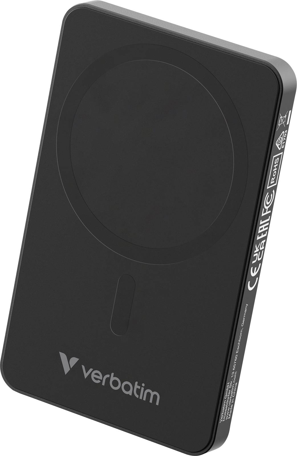 Black external hard drive by Verbatim. Rectangular design with rounded corners, brand name 'verbatim' and certification marks visible.