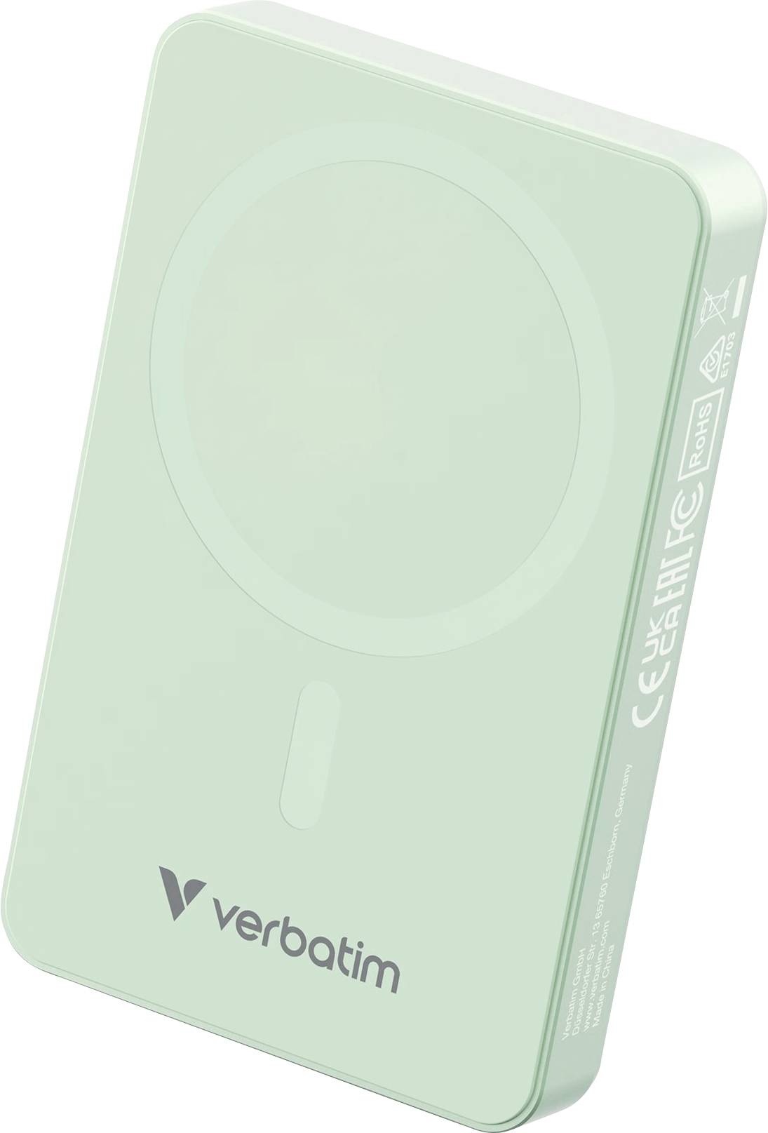 External hard drive in mint green with Verbatim logo, rectangular shape, compact and portable, suitable for data storage.