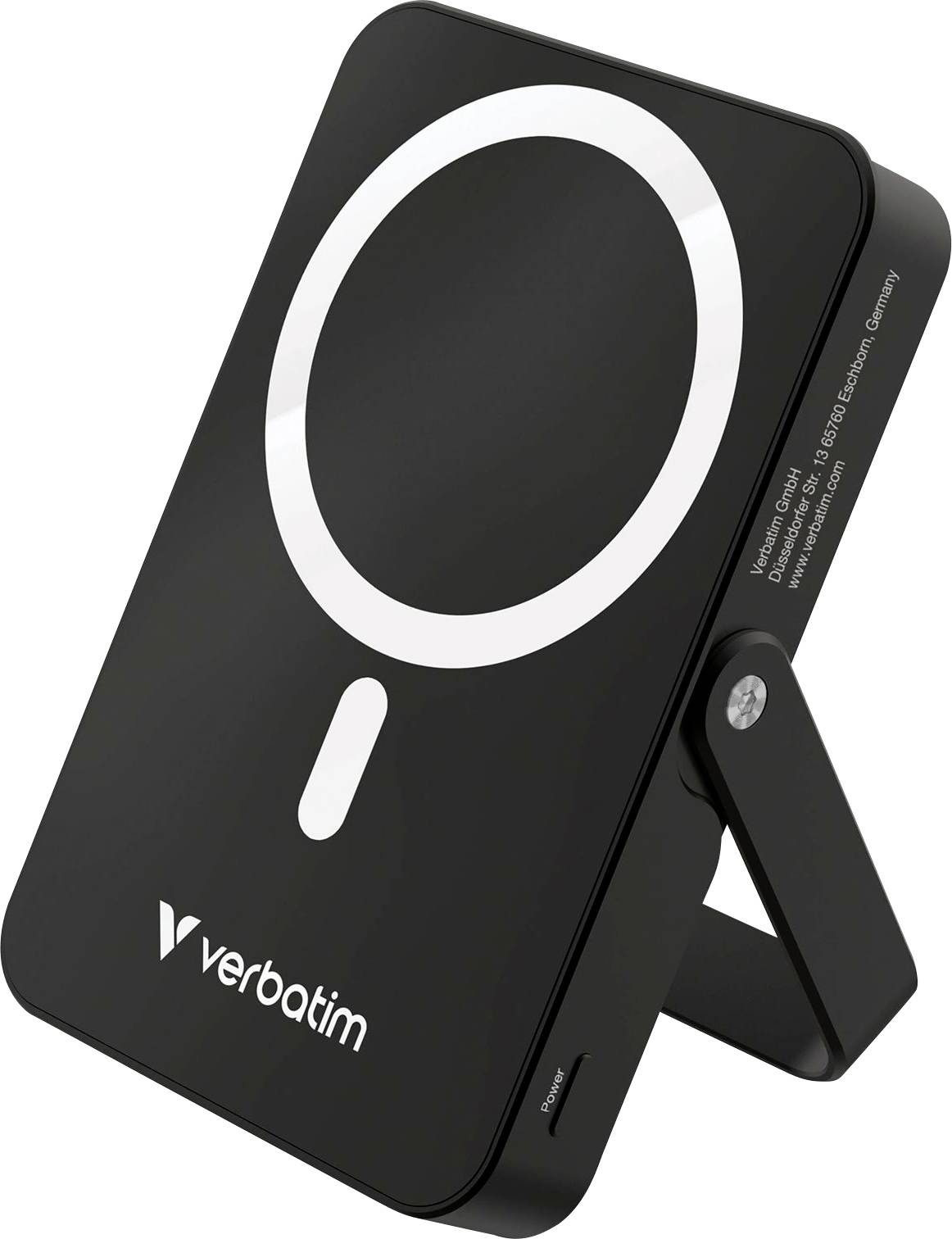 A black Verbatim charger with integrated stand and MagSafe compatibility.