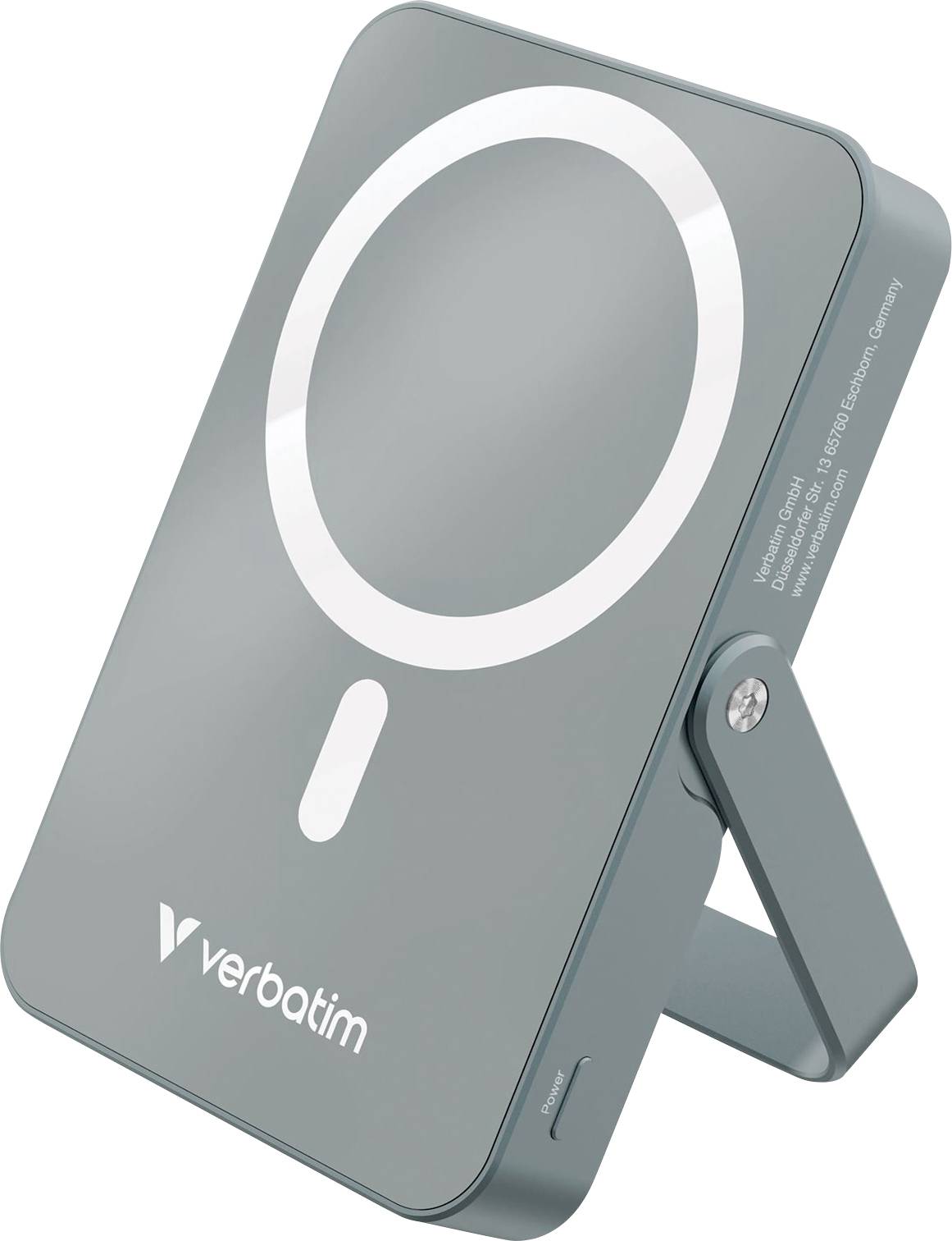 Portable charger by Verbatim with stand and LED ring on the front, suitable for wireless charging of devices.