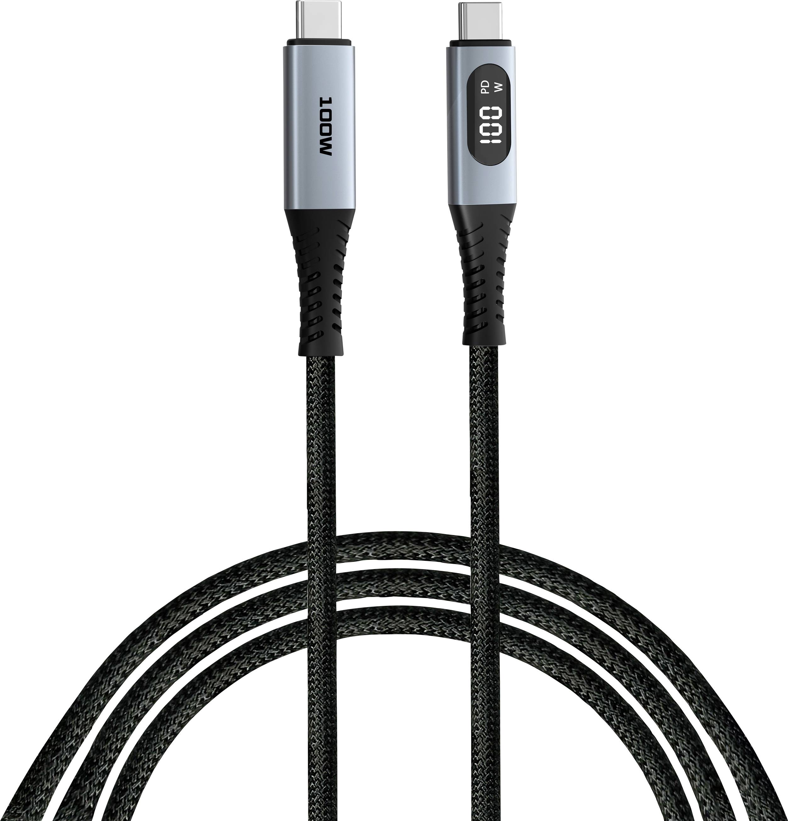 USB-C to USB-C cable with integrated display showing real-time charging speed in watts. Black with silver connector.