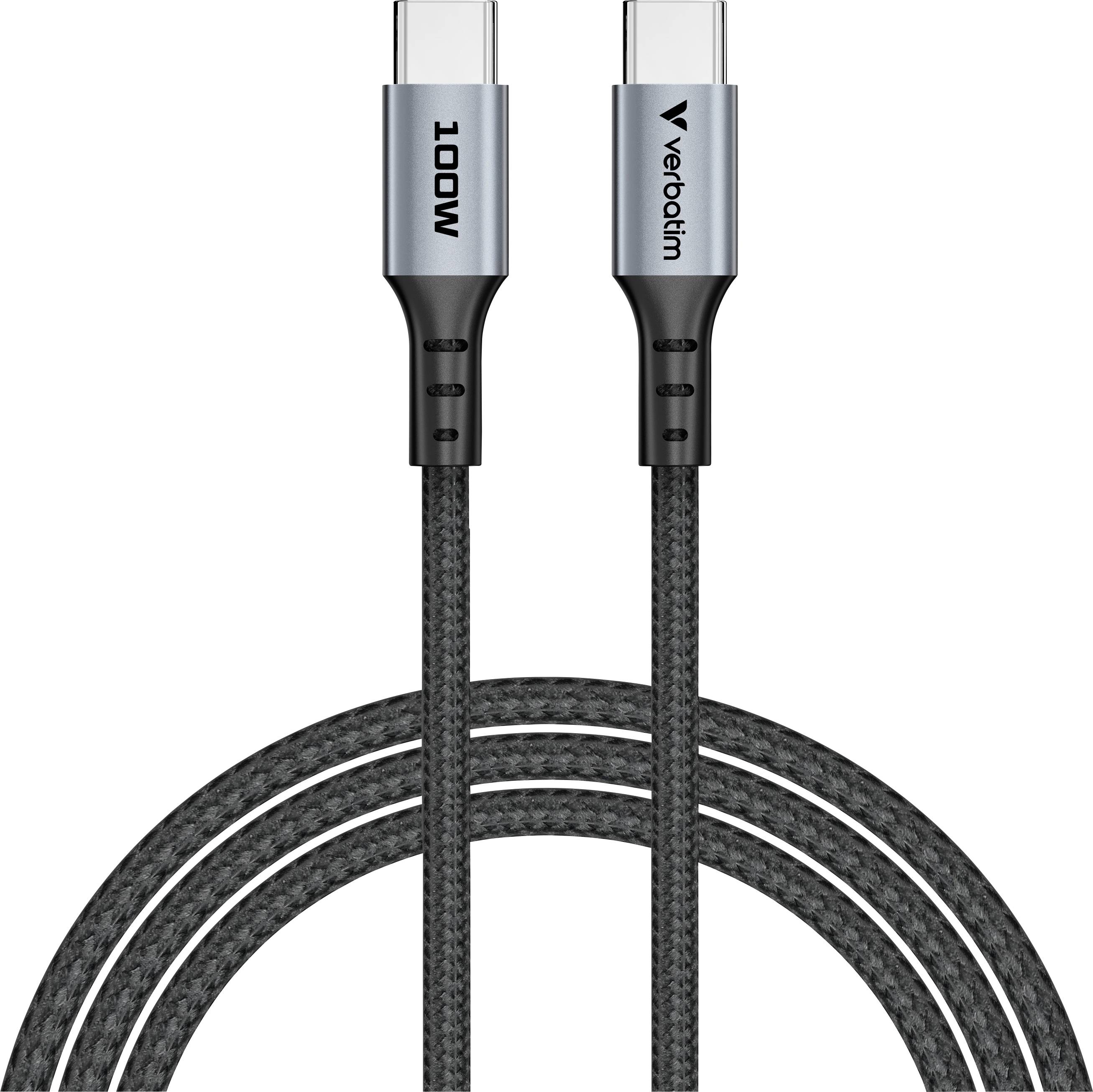 A robust USB-C cable with 100W support and the 'Verbatim' inscription on a connector, suitable for fast charging and data transfer.