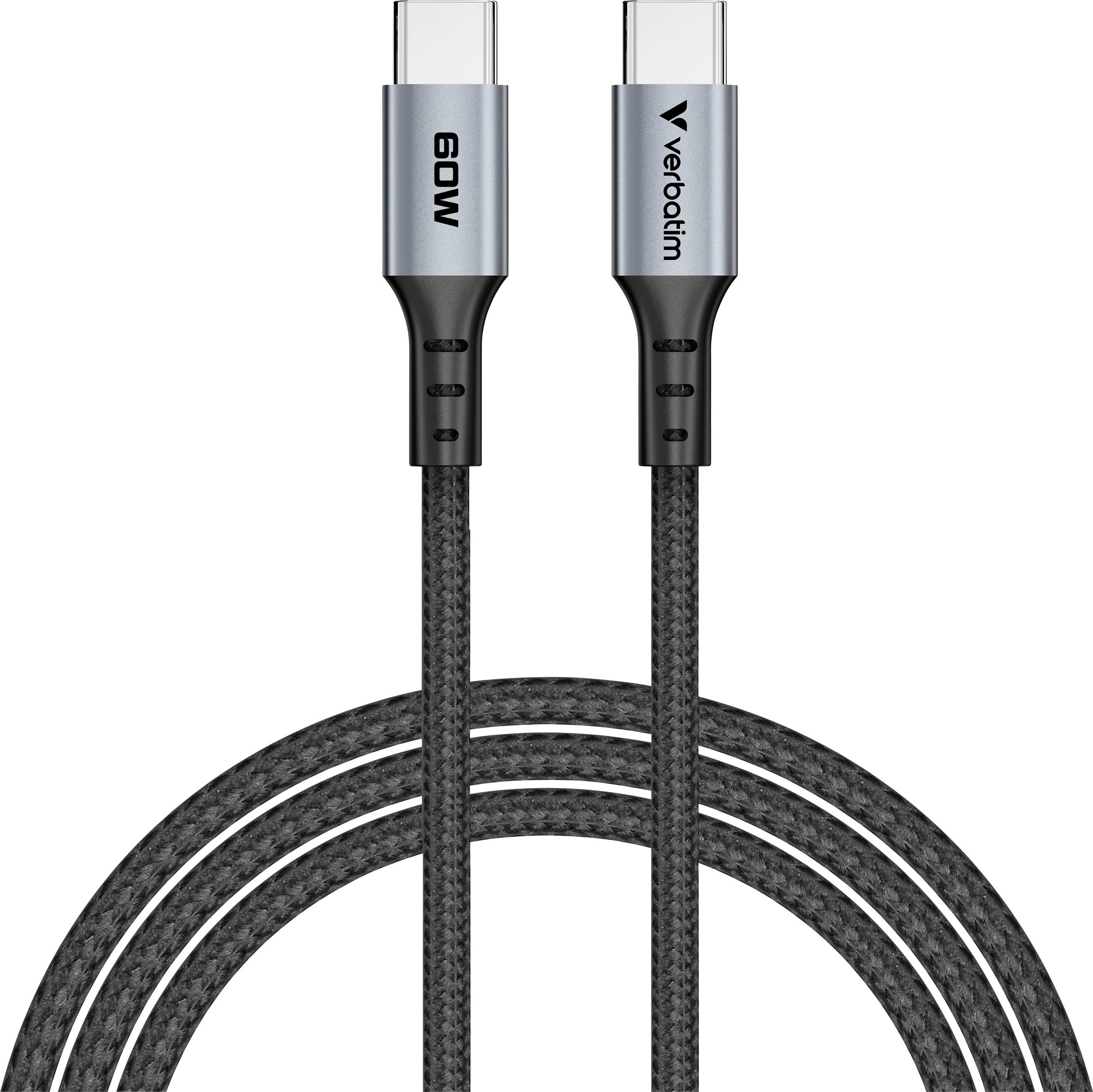 Two USB-C cables with grey fabric sheathing, one labelled '60W', the other with a 'verbatim' logo. Suitable for fast charging.