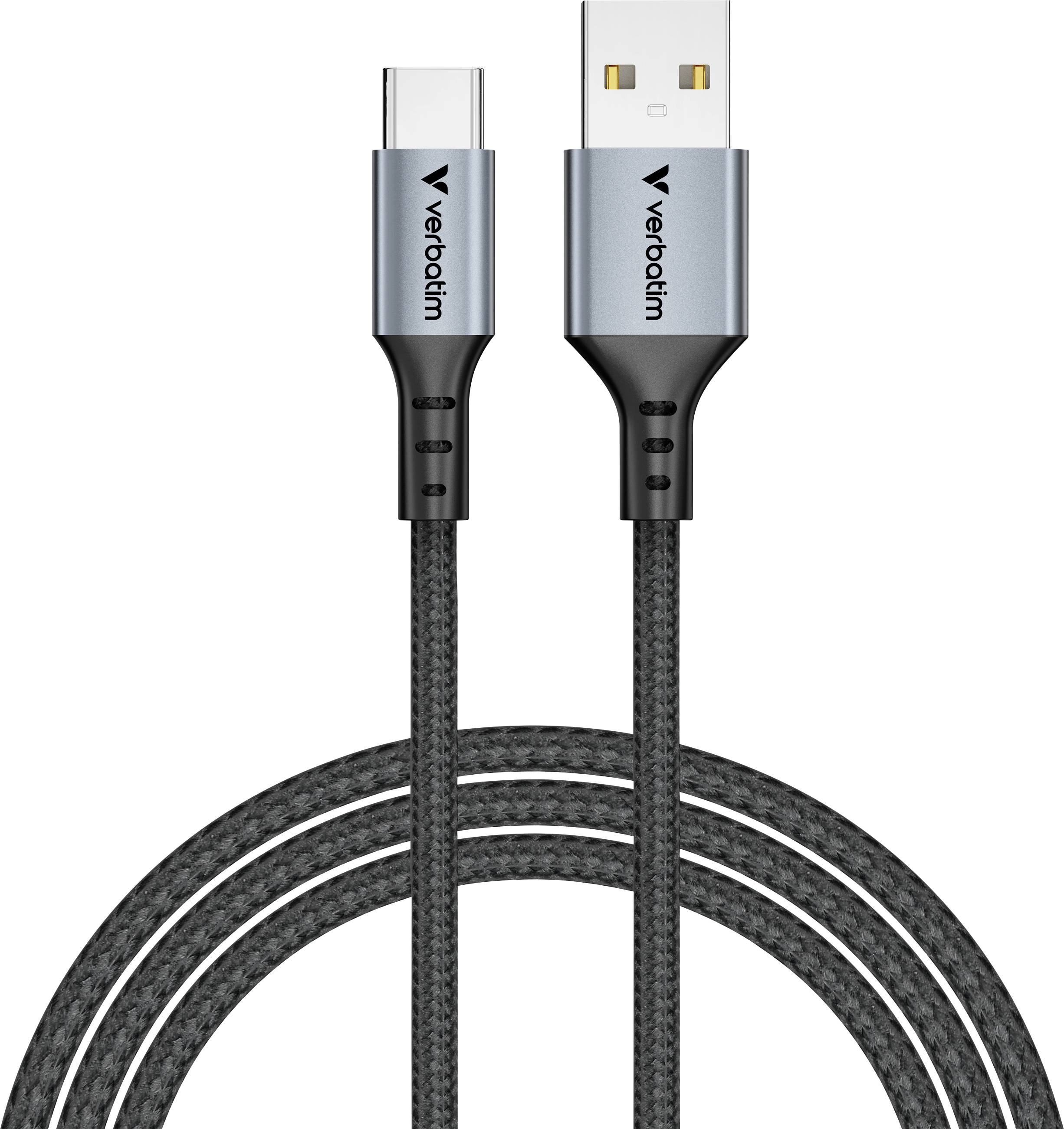 USB-C and USB-A cables with braided cable sheath, Silver and Black. Suitable for data transfer and charging.