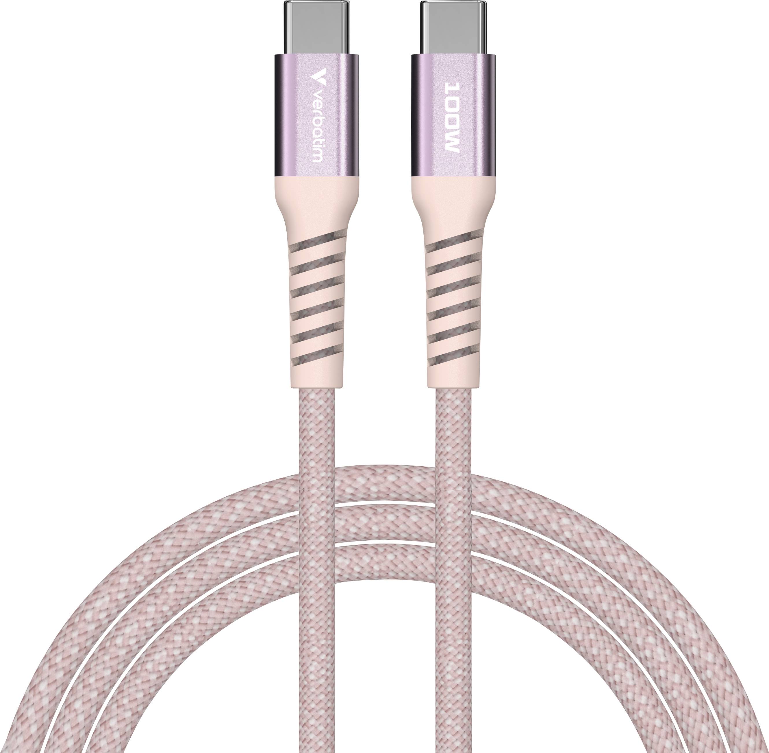 A pink USB-C cable with metal connectors. One connector is labelled 'Veredim', the other '100W'. Textured, braided jacket.