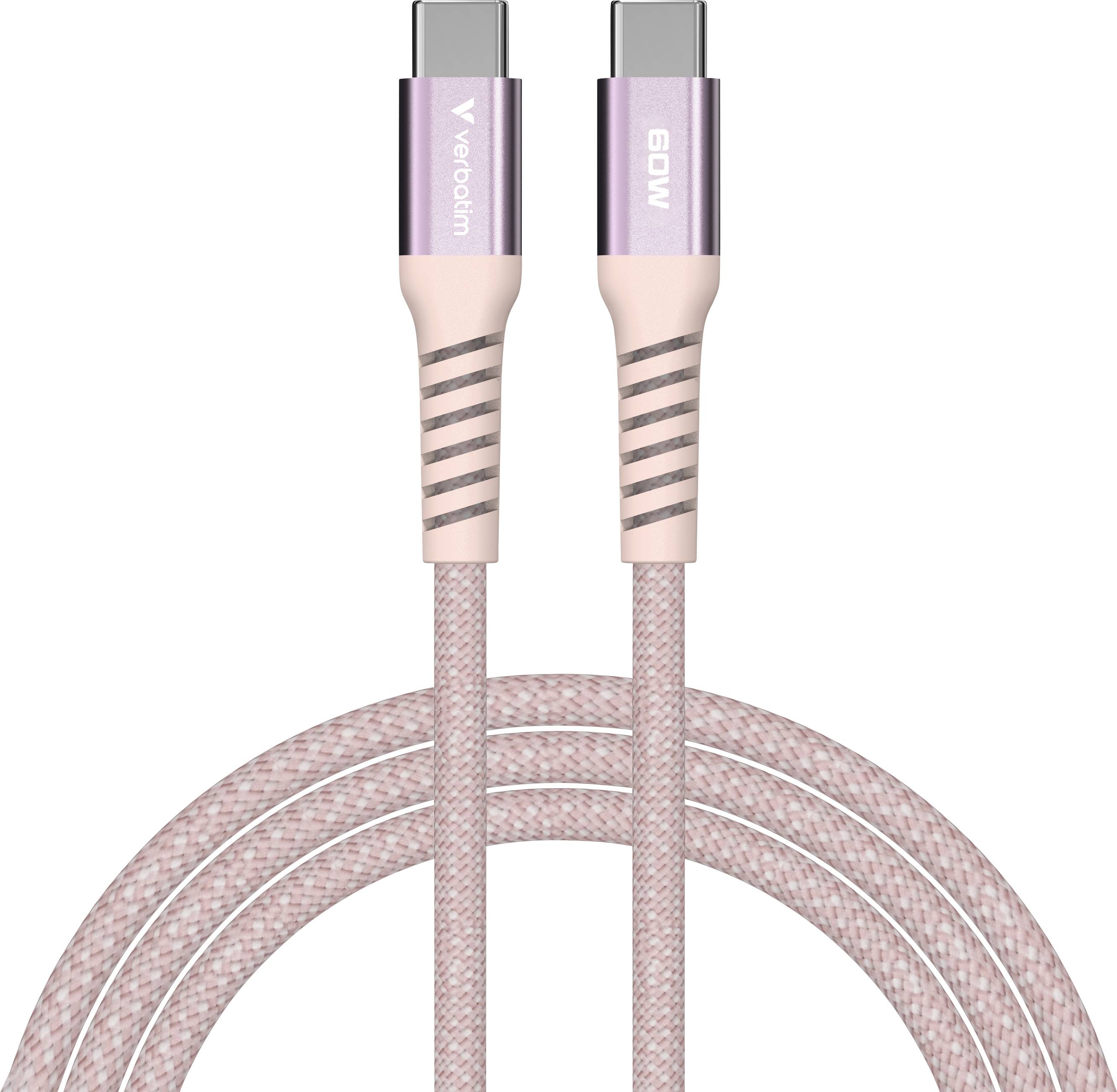 Two pink USB-C cables with 60W labelling on the connectors, spirally wound. Suitable for fast charging and data transfer.