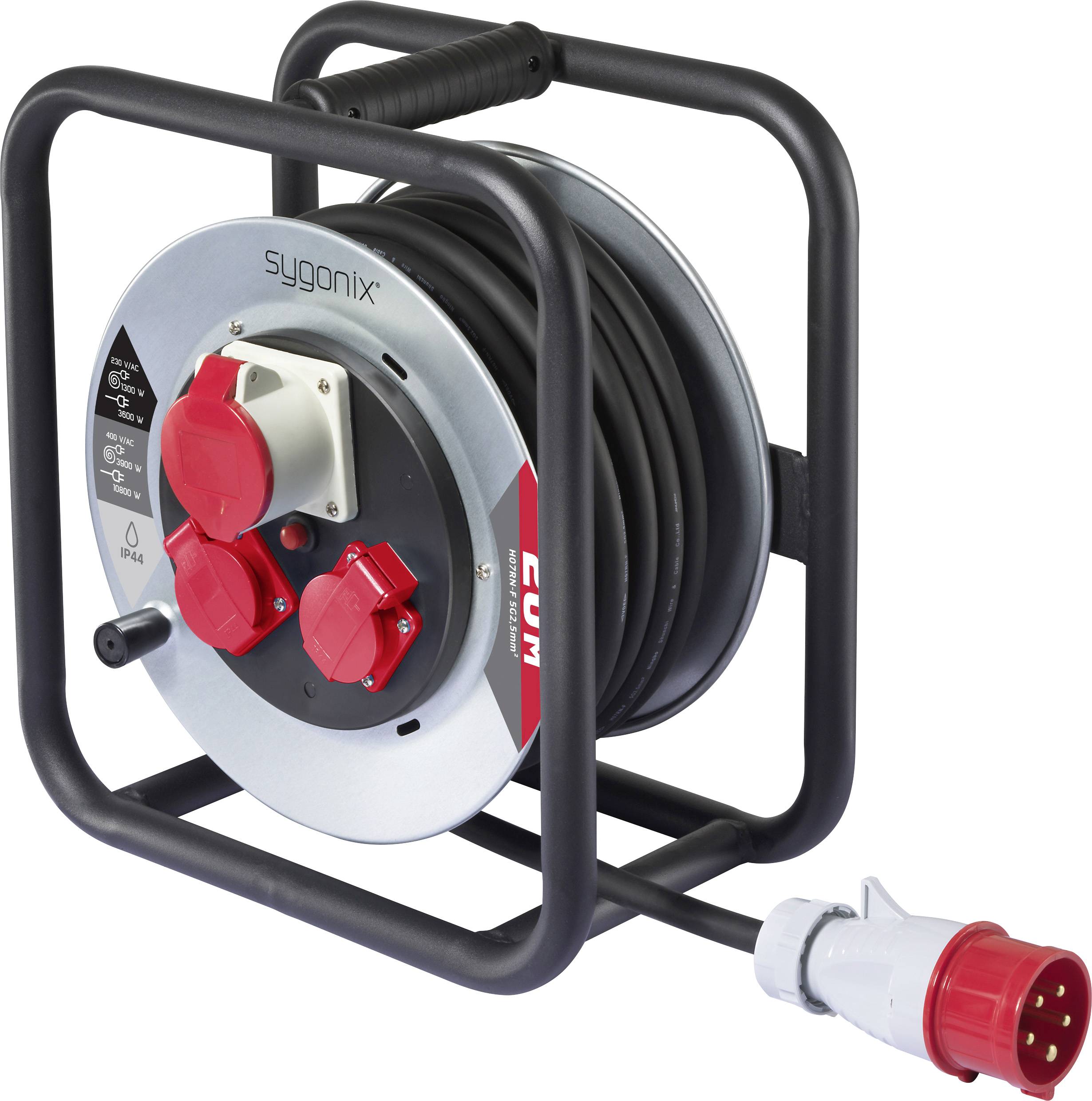 A portable power cable reel with a sturdy frame and three red sockets. The reel is labeled 'sygonix' and features a black cable and connector.