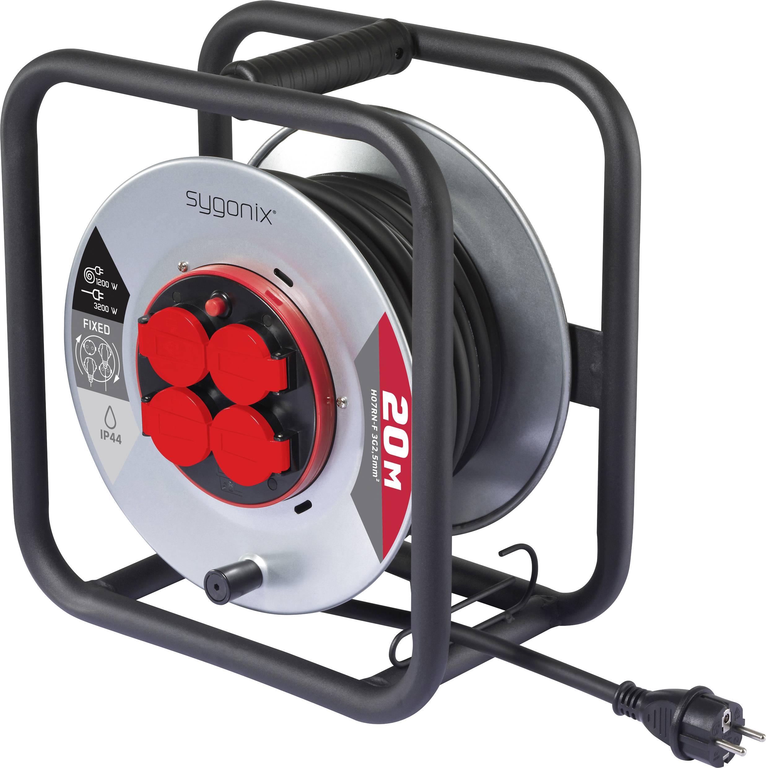 A black and silver 20-meter cable reel with four red sockets. The reel is mounted on a square metal frame with a carrying handle.