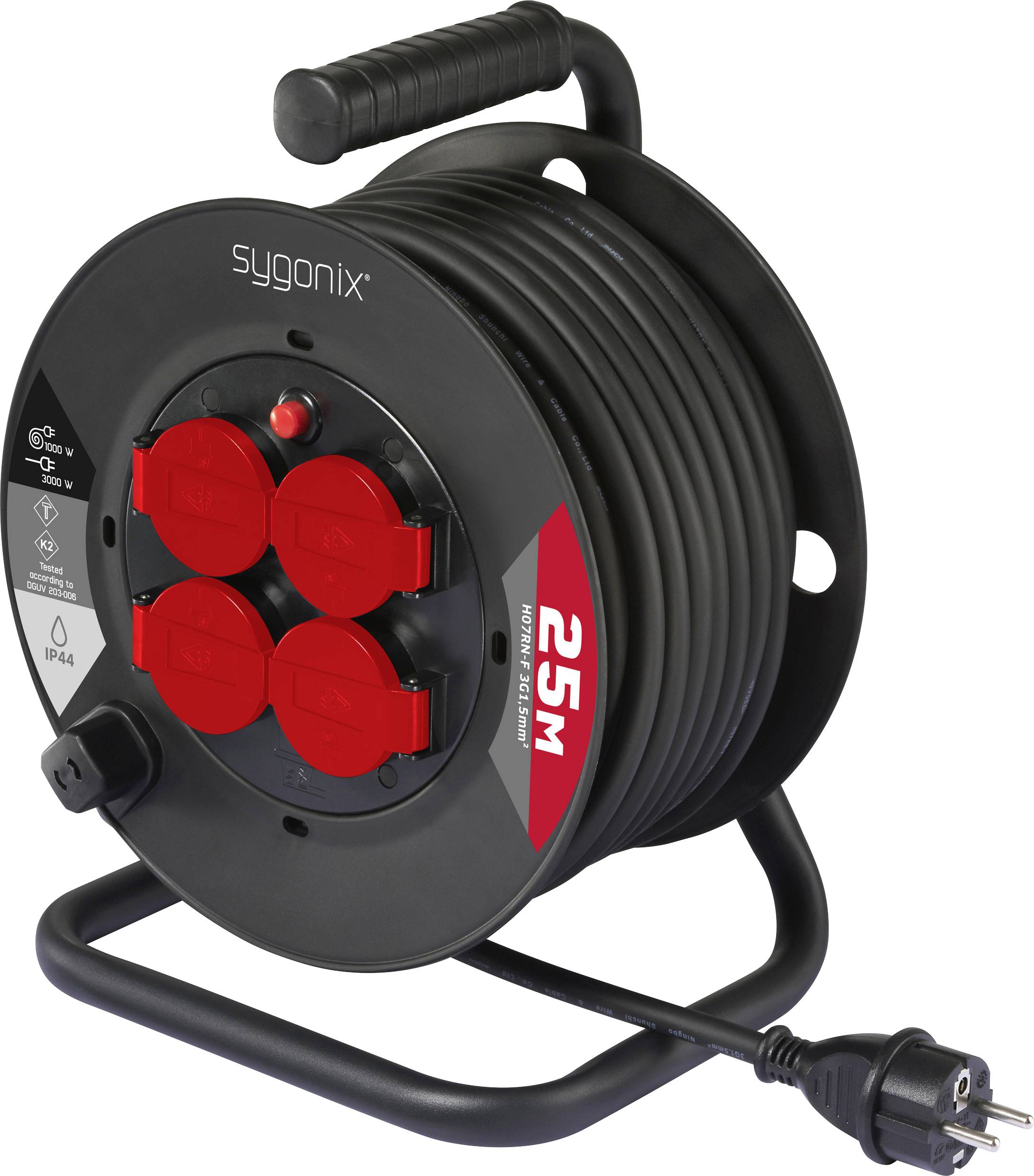 25M extension reel by Sygonix with four red sockets and a black cable, designed for indoor and outdoor use with IP44 protection rating.