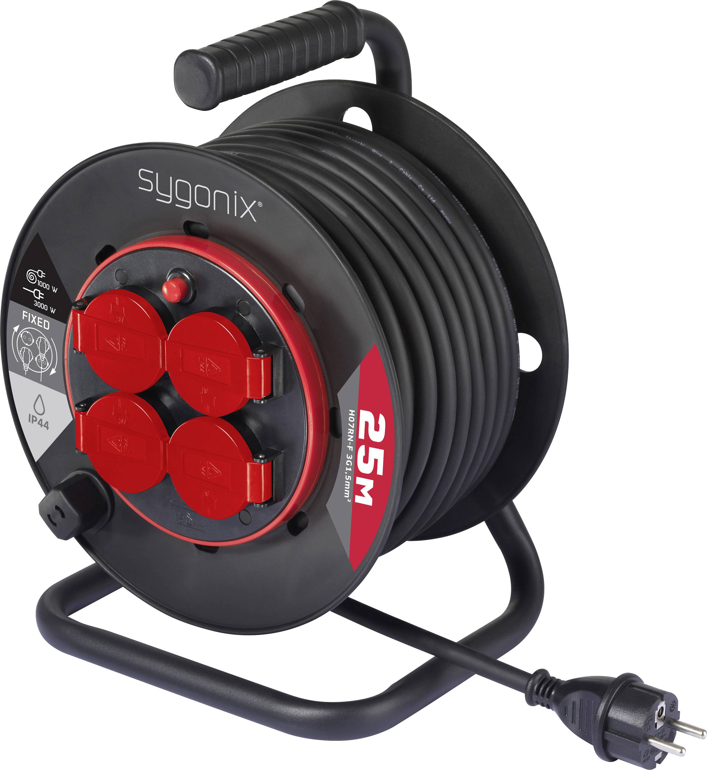 A black cable reel with four red sockets and a 25-meter cable, suitable for indoor and outdoor use, labeled as IP44 for water resistance.