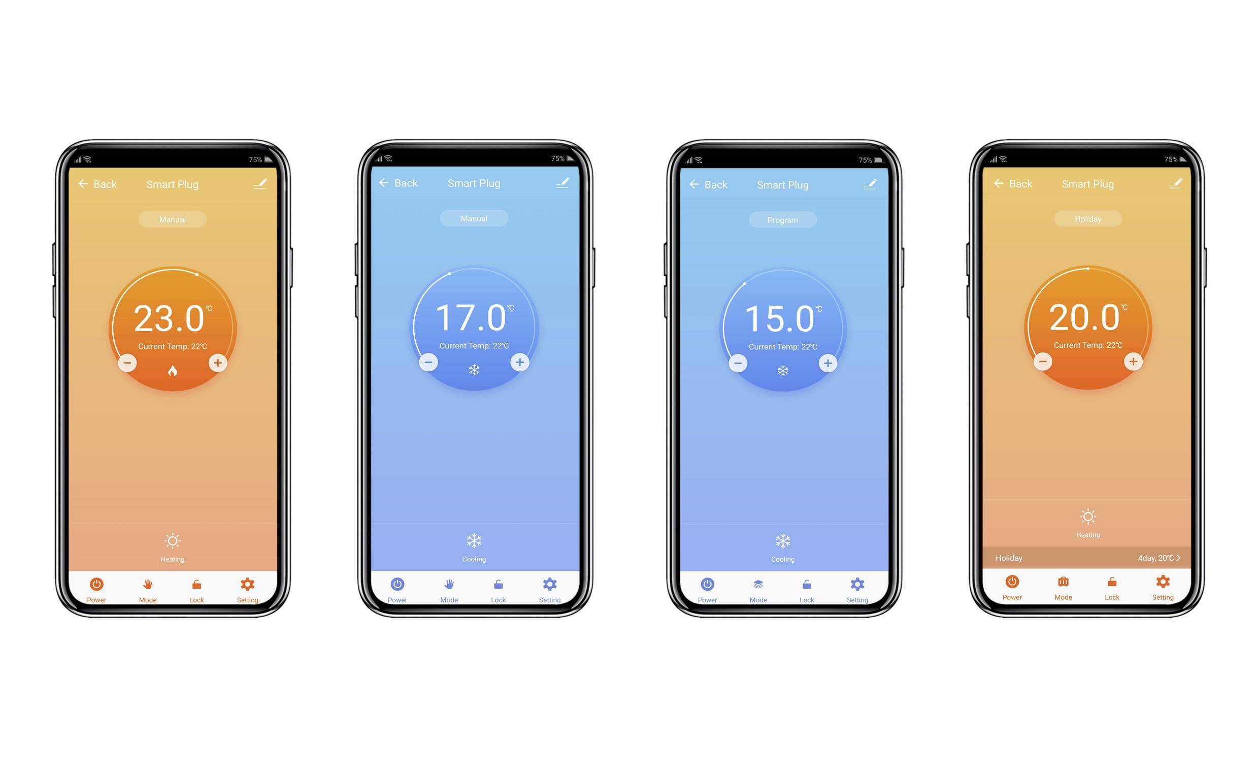 Four smartphones display a temperature control app with different readings: 23°C, 17°C, 15°C and 20°C, on colored backgrounds.