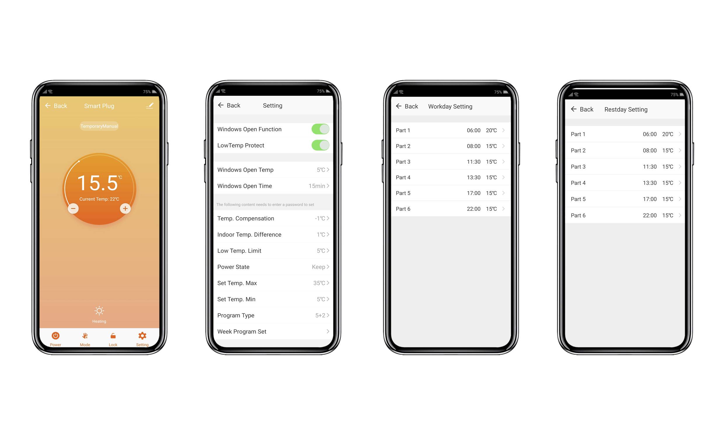 Four smartphone screens showing a heating control app: temperature display, settings with buttons, weekly schedule with times.