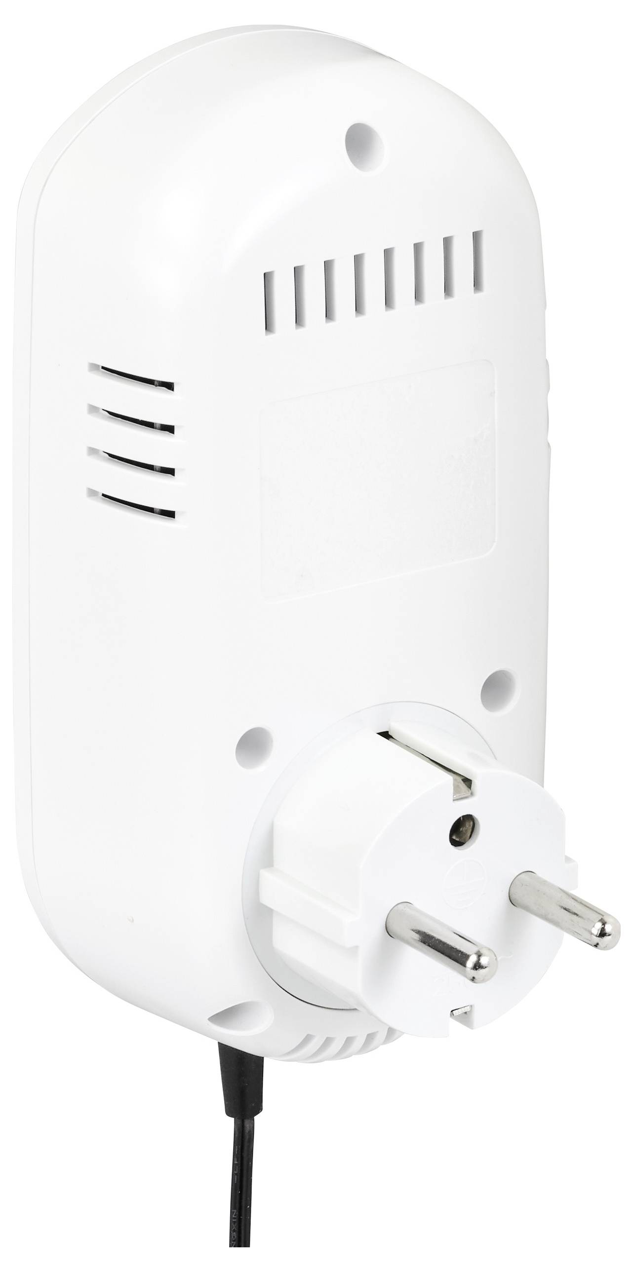 White plug-in power adapter with two metal pins and ventilation slots, suitable for wall outlets.