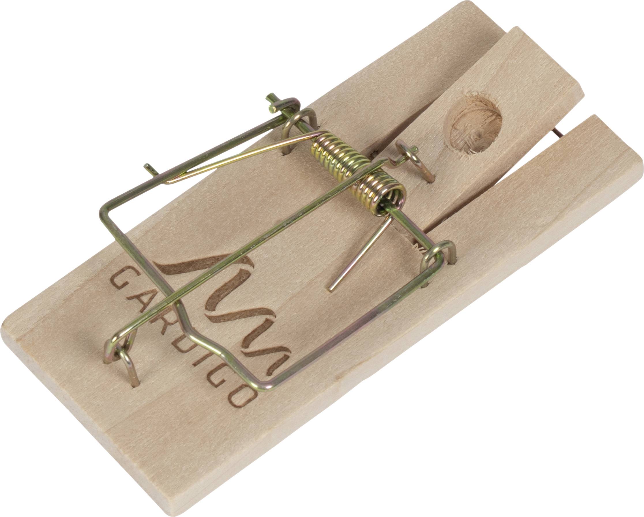 A classic wooden mousetrap with a metal bar and tensioned spring mechanism lies on a white surface.