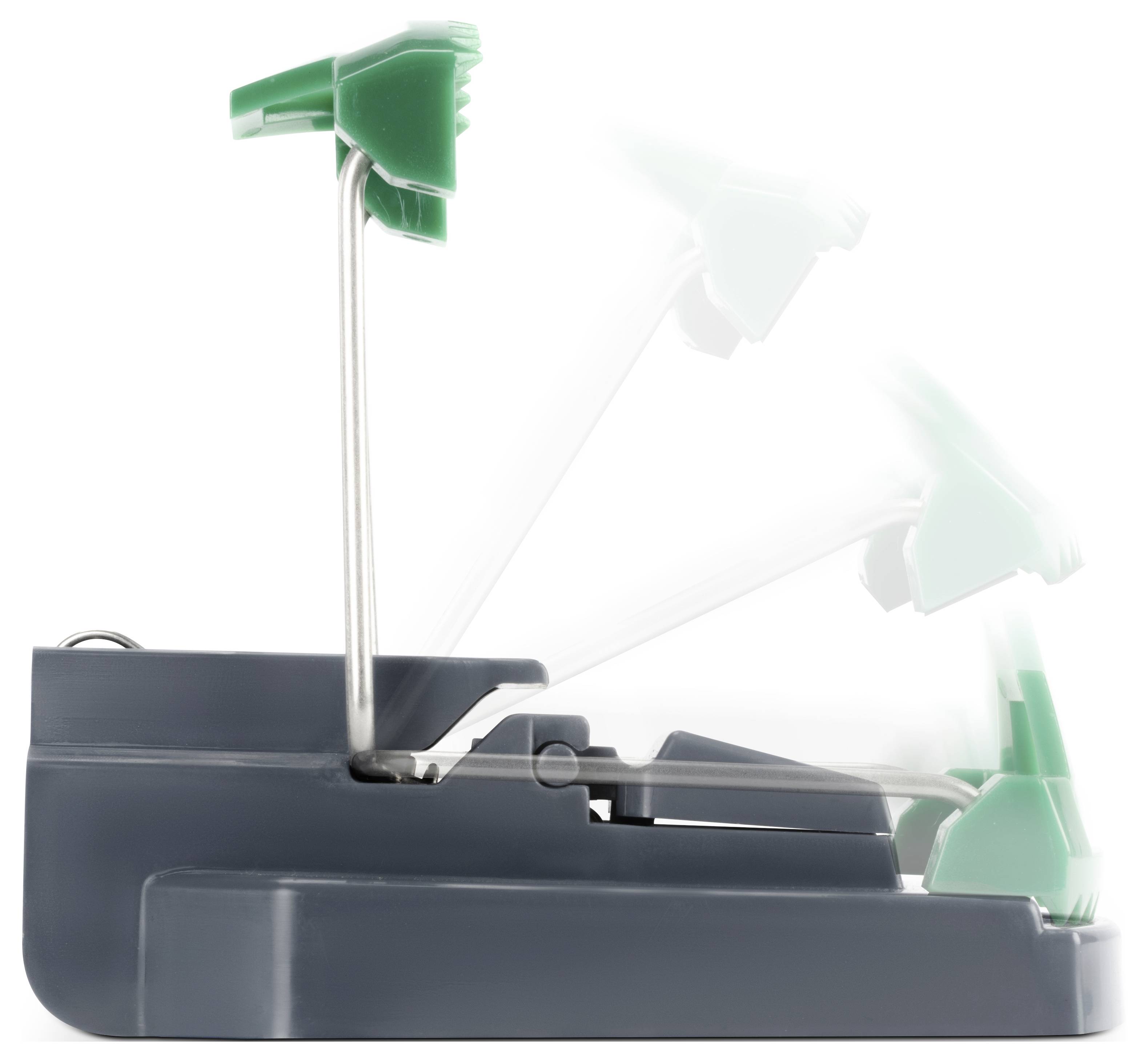 Multifunctional green device for clean edges, shown in various positions, mounted on a grey base.