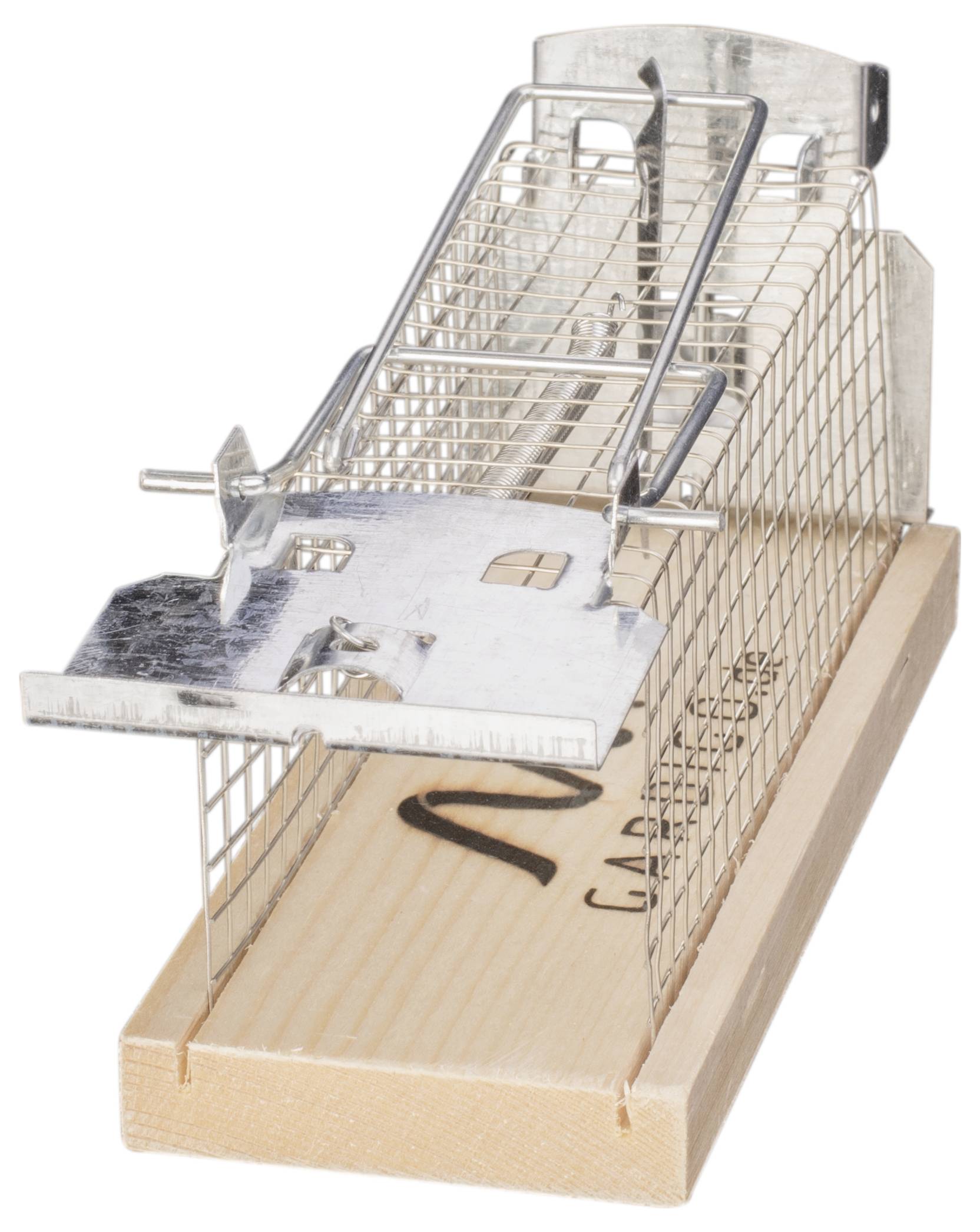A live trap made of metal and wood, designed to capture small animals safely. The trap door is open, ready for activation.