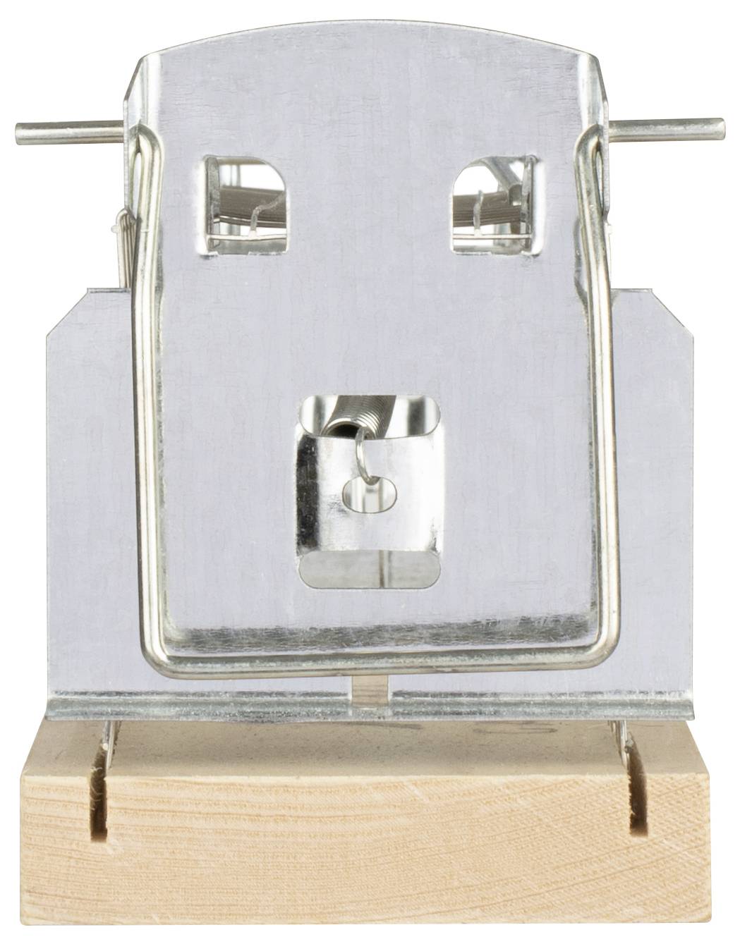 Metal trap on a wooden board for pest control, with a spring mechanism for catching mice.