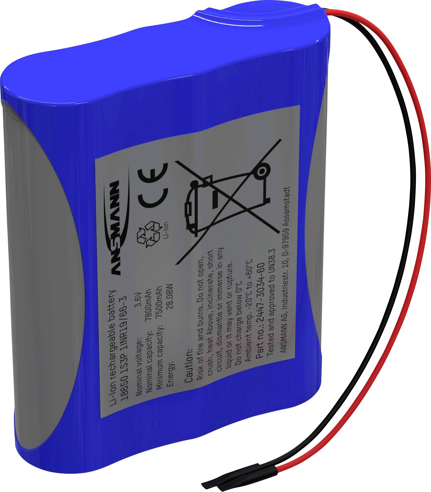 Blue lithium-ion battery with two cables, one red and one black. Label displays specifications and safety warnings.