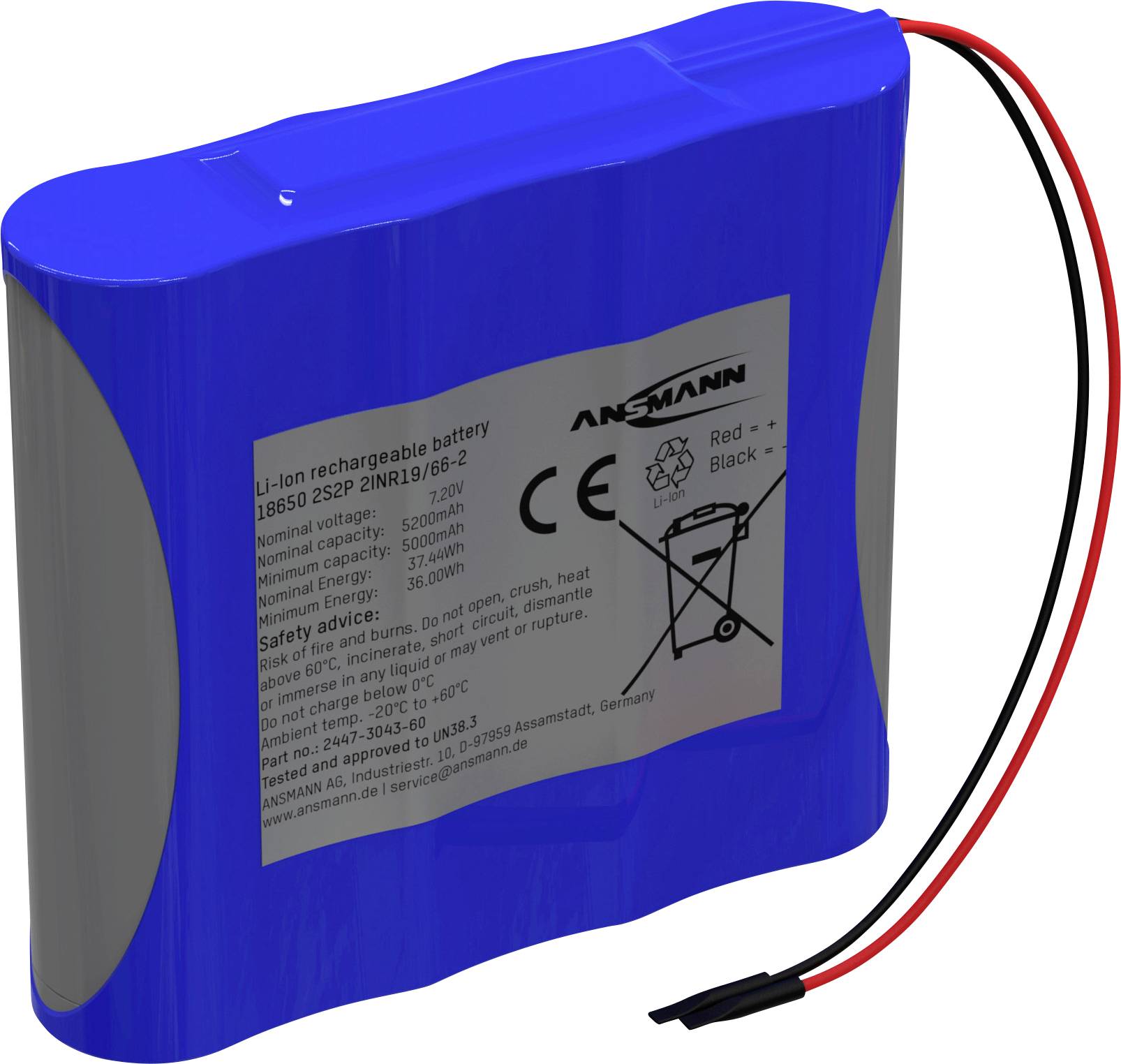 Blue Li-Ion battery with red and black cables. Label displays technical specifications and safety information.